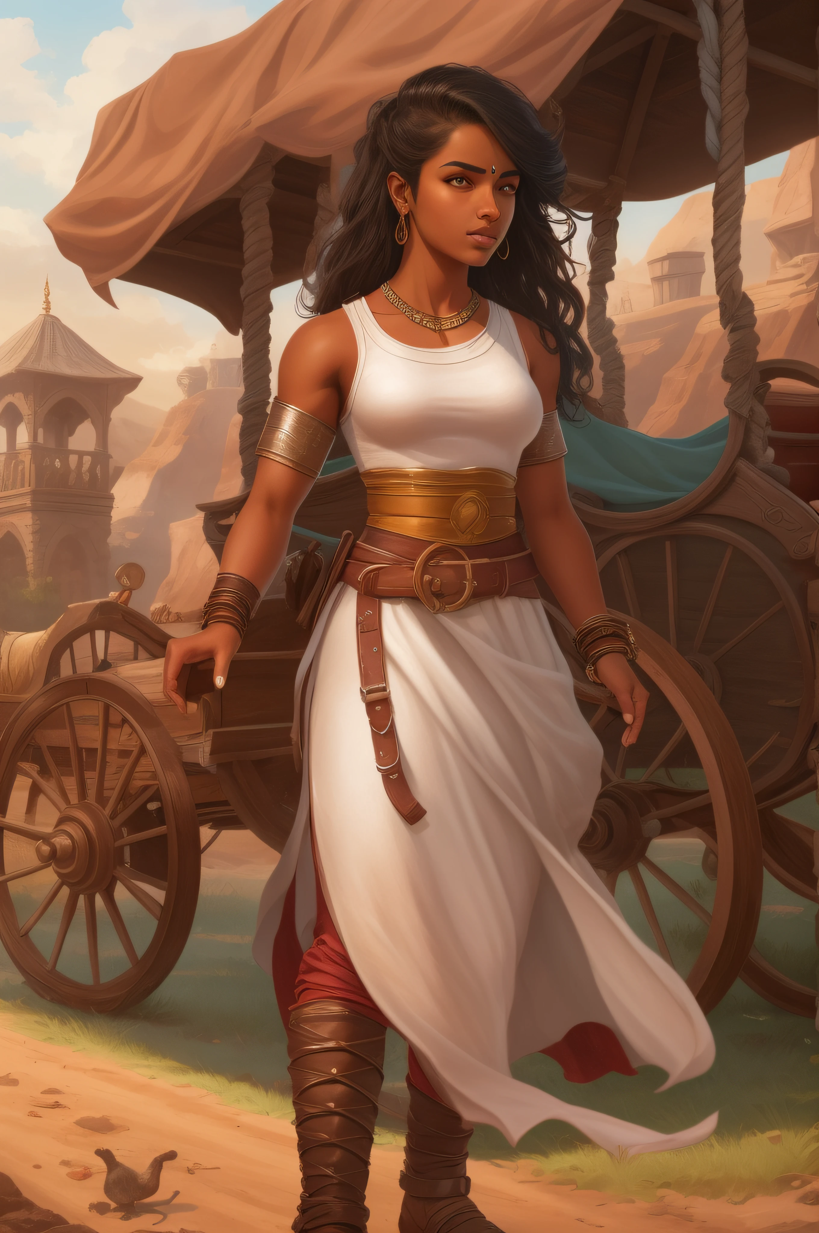 Aaliya is a 17-year-old mid-eastern Fighter woman from the Fantasy Kingdom, with medium Brown skin, and a lean muscular Body Aaliyah is wearing a plain white linen tunic with a simple leather belt  Stretching, Sports, Training  On the Roadside, a carriage on the Side Full Body Dungeons and dragons fantasy Illustration Ultra - wide angle