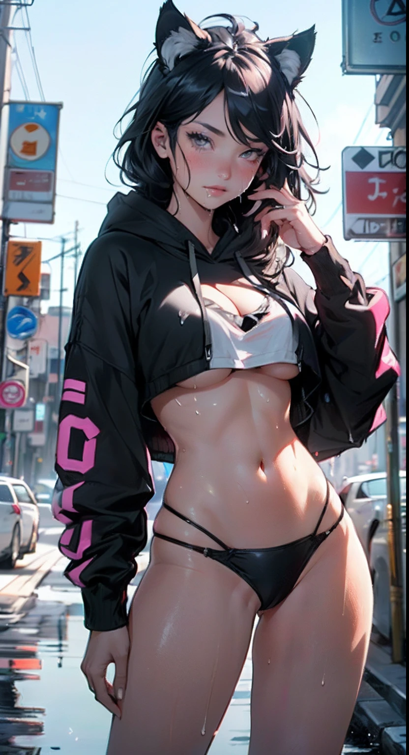 girl spacepunk,(((1girl))),((beautiful girl with bright and luminous cat ears)),

(large breasts:1.4),saggy breasts,((black hair,black messy hair,colored inner hair,large hair,absurdly long unkempt hair:1.35,long black hair,ear breathing)),((((cat ears,cat ears on head,big cat ears)))),(((pink eyes:1.3,upturned eyes:1.3,perfect eyes,beautiful detailed eyes,finely detailed beautiful eyes:1,symmetrical eyes:1))),((fat)),(((lustrous skin:1.5,bright skin: 1.5,skin tanned,shiny skin,very shiny skin,shiny body,plastic glitter skin,exaggerated shiny skin,illuminated skin,wet legs))),(spider lower abdomen,narrow waist,wide hip,athletic body,inflated legs,delicate detailed fingers,detailed body,human hands,(detailed face)),

cute,slutty,seductive,erotic,(((nsfw))),

(graffiti art in clothes),zettai ryouiki,revealing clothing,show skin,(((underboob))),(cleavage),(semi-naked,with little clothing,((tiny thong)),bare legs,visible thong straps),((((crop top hoodie,cropped hoodie,hoodie,hoodie intricate)))),((wet clothes,detailed outfit,detailed clothes)),

(dynamic pose:1.0),solo focus,embarrassed,(centered,scale to fit dimensions,Rule of thirds),

cyberpunk city by the ocean at night, with bright neon signs and dark stormy clouds and puddles,

High resolution, sharp focus, (ultra detailed, extremely detailed), (photorealistic artwork:1.37), 8k wallpaper,((synthwave background theme)),(((vibrant colors,))),(intricate),masterpiece,(best quality),synthwave neon colors,