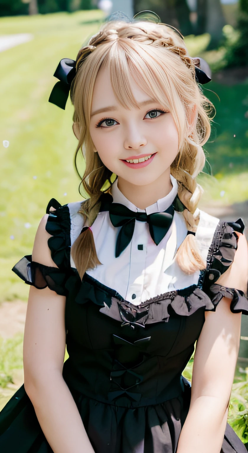 (ultra-detailliert), Cute princess dresses in black color,(frilly dress),(shortsleeves),Blue eyes,The upper part of the body、a closeup、faces、(A smile:1.5),(facing front:1.2), 20yr old, s girl,no tail,(no tail),2D, masterpiece, top-quality, animesque, A detailed eye, A detailed face, girl with, Only 1 person,Blonde medium hair, (Golden head hair), Ear Hair, small tits, Single braid, (Single braid), (Side braid), Pink ribbon, Ribbon around the neck, (White sleeves), Background bokeh