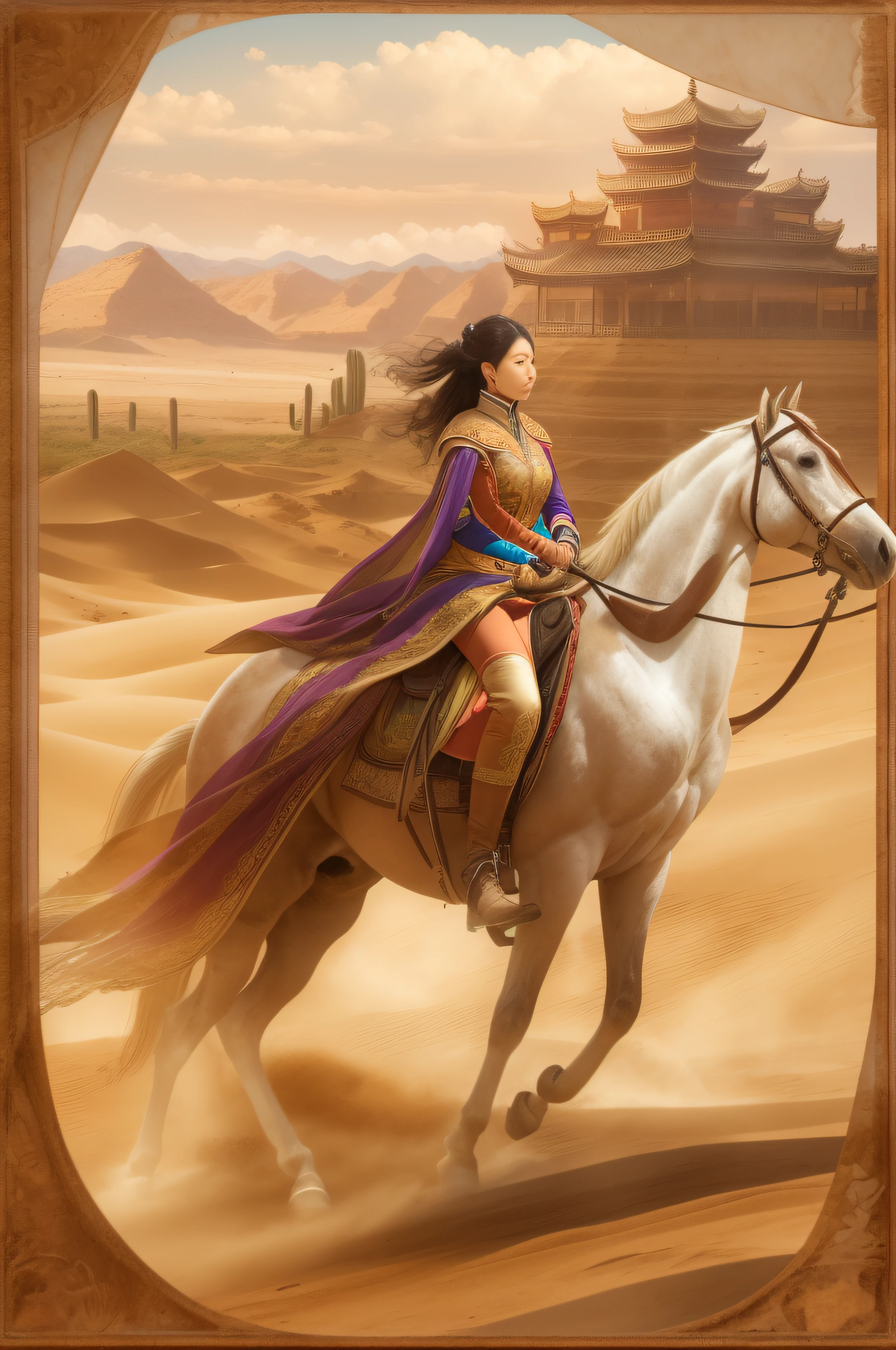 A woman riding a horse, fantasy, a desert, a woman riding a horse, Asia