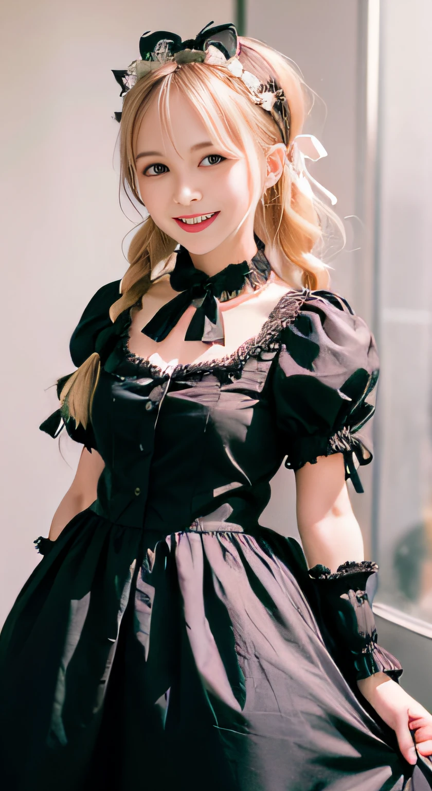 (ultra-detailliert), Cute princess dresses in black color,(frilly dress),(shortsleeves),Blue eyes,The upper part of the body、a closeup、faces、(A smile:1.5),(facing front:1.2), 20yr old, teens girl,no tail,(no tail),2D, masterpiece, top-quality, animesque, A detailed eye, A detailed face, girl with, Only 1 person,Blonde medium hair, (Golden head hair), Ear Hair, small tits, Single braid, (Single braid), (Side braid), Pink ribbon, Ribbon around the neck, (White sleeves), Background bokeh