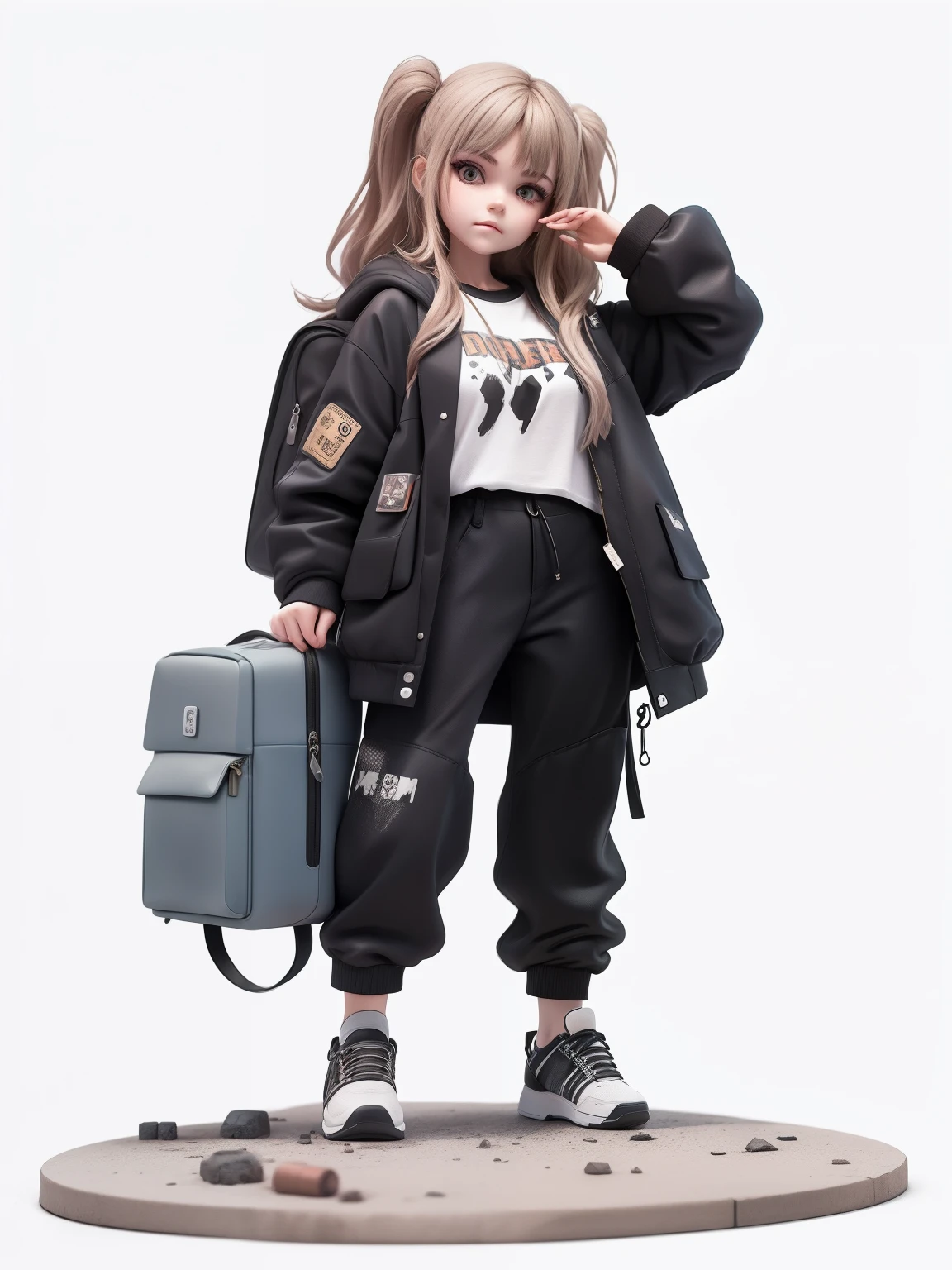 /Imagine a , Various poses and expressions on white background, Figure style, Simple, Cute, Abandoned factories,Long gray wavy hair, solidcolor, Oversized brown cyberpunk costume,Oversized red and black travel shoes,Multi-pocket backpack,Movie lighting,