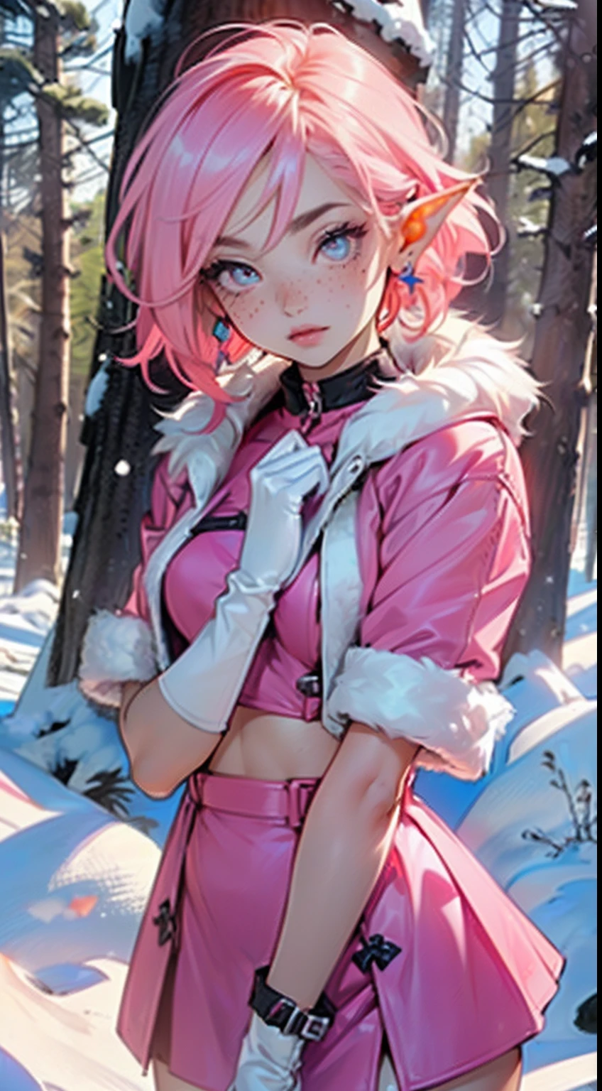 cute **** elf,(((little ****,tiny little body,little))),(((***********))),((anime elf **** with extremely cute and beautiful fuchsia hair)), (((elf))), (((elf ears))),

(((flat chest))),((((fuchsia hair:1.35,short fuchsia hair,colored inner hair,ear breathing)))),((pink eyes,perfect eyes,upturned eyes:1.3,beautiful detailed eyes,finely detailed beautiful eyes:1,big highlight on eyes:1.2,slanted eyes,vibrant color eyes:1.5)),(((freckles on the face,freckles,freckled girl))),(((lustrous skin:1.5,bright skin: 1.5,skin tanned,shiny skin,very shiny skin,shiny body,plastic glitter skin,exaggerated shiny skin,Reflective skin))),(delicate detailed fingers,detailed body,detailed arms,human hands,(detailed face)),

cute,slutty,erotic,daring,((nsfw)),

zettai ryouiki,revealing clothing,show skin,(((Sexy pink fur coat, pink fur coat outfit, wearing a pink fur coat:1.3,pink winter coat))), ((pink mini-skirt,pink mini skirt with furry edge,visible thong straps)),(white gloves,pink clothes,semi-naked,with little pink clothing,((((furry edge clothing)))),(detailed outfit,detailed clothes),

(dynamic pose:1.0),solo focus,embarrassed,centered,scale to fit dimensions,Rule of thirds,

winter,snowstorm in background,(pine forest),detailed background:1.25,snow forest background,Christmas tree,

((((High resolution)))), sharp focus, (ultra detailed, extremely detailed), (photorealistic artwork:1.37), 8k wallpaper,(((vibrant colors))),(intricate),masterpiece,(((best quality))),