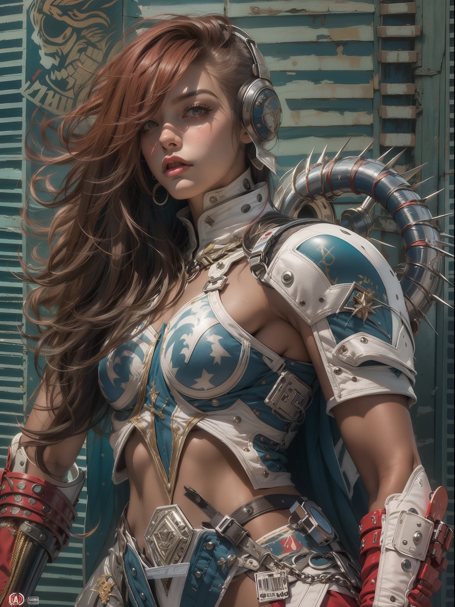 (((mulher))), (((melhor qualidade))), (((obra prima))), (((adulto))), (((1girl))), ((( corte de cabelo bob ))), Uma gladiadora cyberpunk mulher de 25 anos com corpo perfeito, shoulder pads with metal spines, Gladiadores do Brooklyn, (( corte de cabelo bob )), tiny leather panties, camiseta de time de rugby rasgada, quase nua no estilo selvagem urbano de Simon Bisley para a capa da revista Heavy Metal, Cabelo loiro curto, Minimum clothing, Metal protection on the left arm with intricate graphics, Dark red with white stars and striped pattern in zig-zag navy blue and white, armadura, cheio de espinhos, (((do joelho pra cima))), cabelos loiro branco curto, no fundo uma parede pintada por Shepard Fairey com um design intrincado