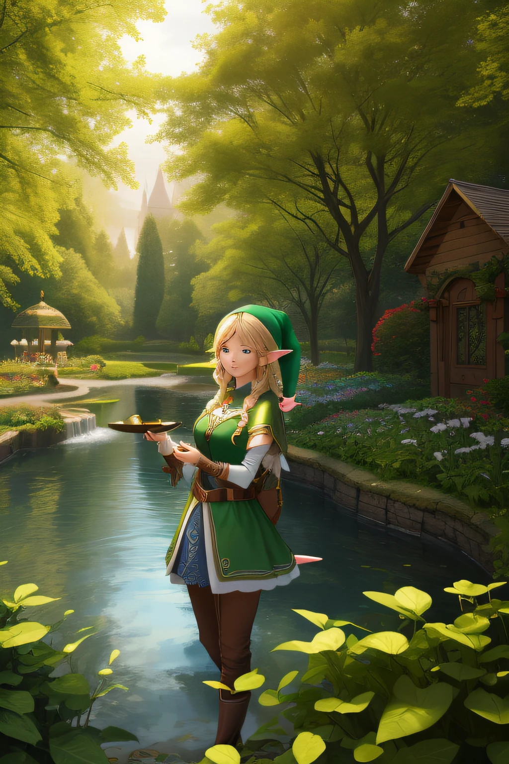 Beautiful charming elf girl in front, Elf Garden, Live wallpaper,Magic Lake, Brown air, 18th century, fantasy, Cinematic