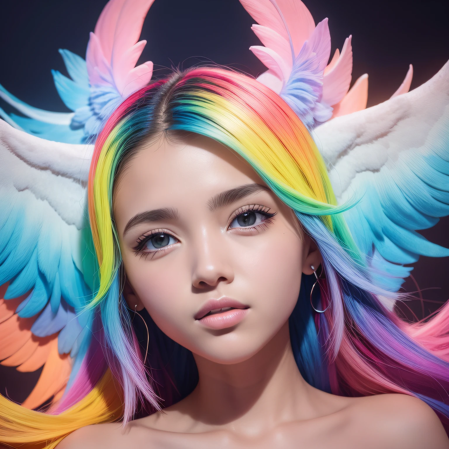 Close no rosto de um anjo enquanto ele chora e estrelas cadentes coloridas caem do ceu, ambiente trevoso, ceu escuro, apocalipse, cenario perfeito, iluminacao perfeita, obra-prima, fotografia profissional, 8k, ray traycing