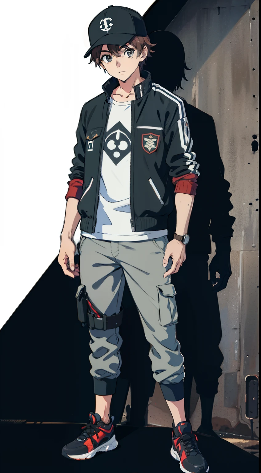 ((1garoto)) jovem, menino, masculino, cabelo marrom, cor marrom dos olhos, Jaqueta manga curta com uma faixa vermelha no meio horizontal e camisa manga branca, gray cargo pants, portanto, o smartwatch, Black and white baseball cap with two red stripes, gray cargo pants, sapatos esportivos brancos, desenho, anime, ((master part)) 4k, ((Estilo anime)) ((arte conceitual)) corpo inteiro, Standing