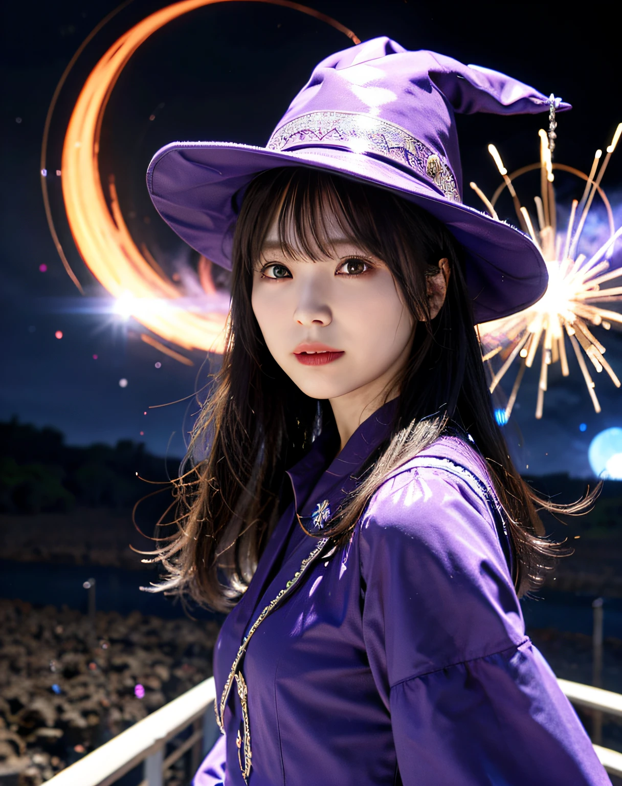 sorcerer、Skysky、are flying、Background with:blue-sky、Purple clothes、Witch Hat、uses magic、Emit red light、strong lights
