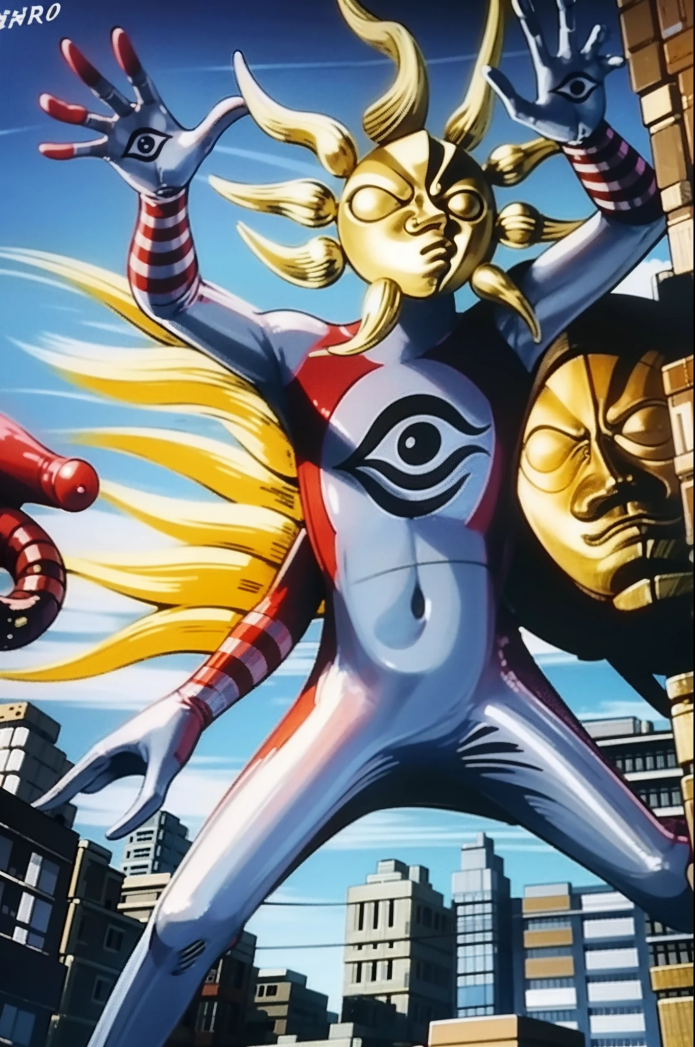TAROMAN, standing full body, mountain, sun , rainbow, fire light, muscular male, moon water,moon, bara, orange fruit, dragon monster