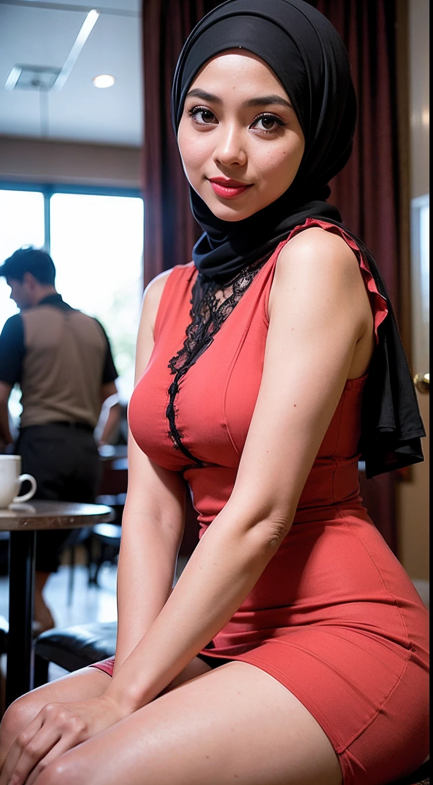 A photo of a young, nerdy malay woman in hijab sitting in a cafe with 1 malay men in summer outfit standing behind, malay woman wearing dressing in skirts, dresses, and blouses with cute details like bows or ruffles, flounces and lace, surrounded by a cozy atmosphere, looking at the viewer.
Hijab, slender, red lips, flirting with the camera