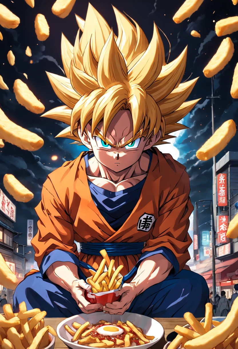goku eating fries in izakaya