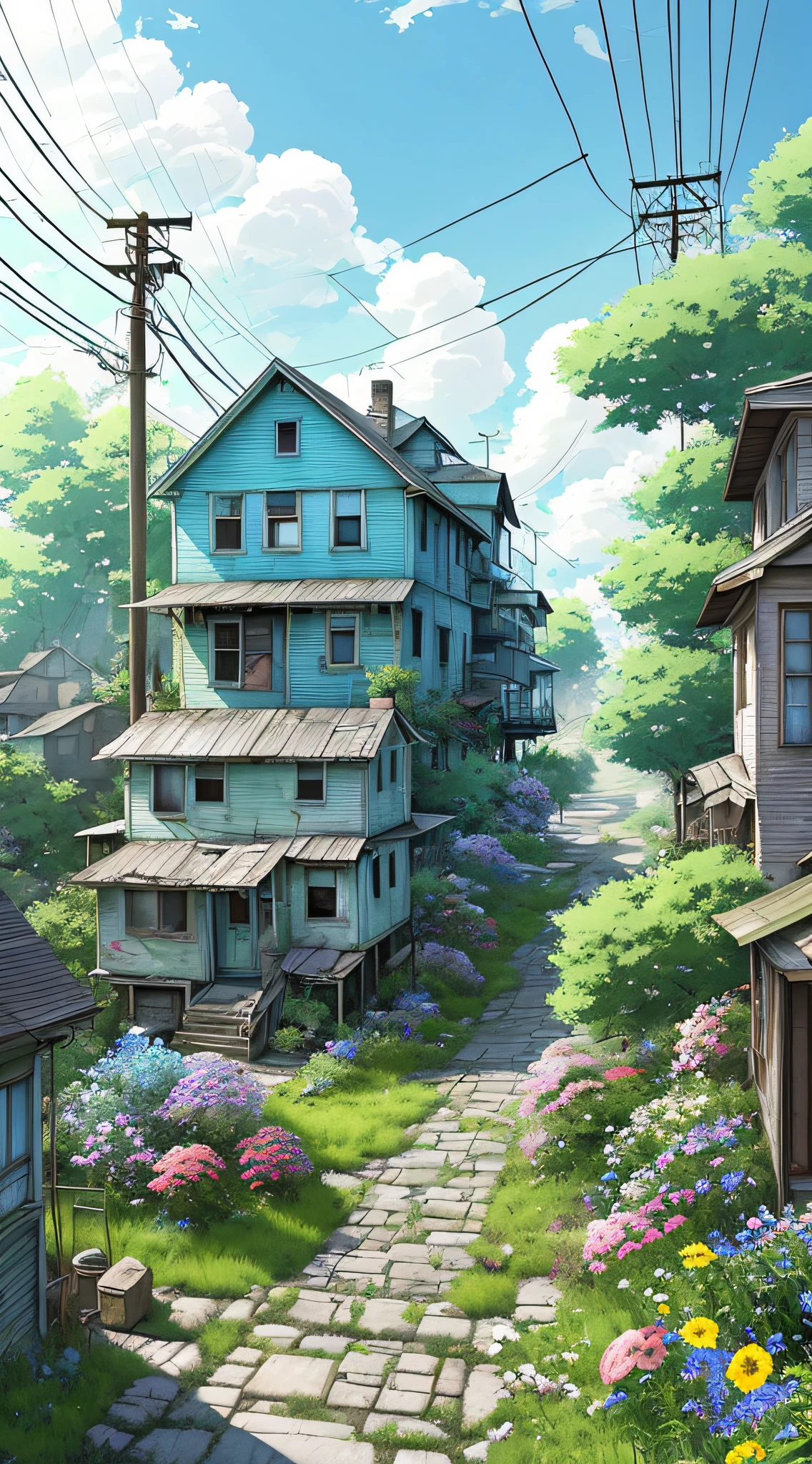 very cozy little place, hyper realism, (anime Makoto Shinkai:0.4), old shabby house in city street, home wiring, outdoors, sky, cloud, day, scenery, tree, blue sky, building, sign, wires, railing, wide shot, utility pole, town, wilderness, flowers, a lot of utensils lying around in a mess