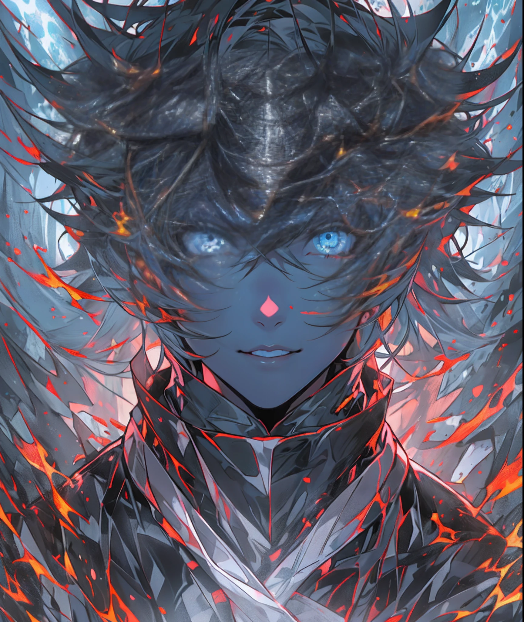 (Satoru gojo),obra maestra, mejor calidad, ultra detallado, absurdos, colorido, 1hombre, solo, (solid blue eyes: 1.0), (cabello blanco, cabello sobre un ojo), ojos detallados, ojos muy abiertos, lashes, (parte superior del cuerpo: 0.8), vista lateral, ojos brillantes, cabeza inclinada, noche, traje negro, horror, oscuro, fondo negro, mirando al espectador, alto contraste, Contre-Jour, (de pie: 0.8),  aura, fondo fractal, caothic, espiral, cuernos de demonio, energy, mosaico, infierno,pose dinamica,Neckerchief,enfadado,mirada,particulas,luminoso,(ojos brillantes ultradetallados),poderes