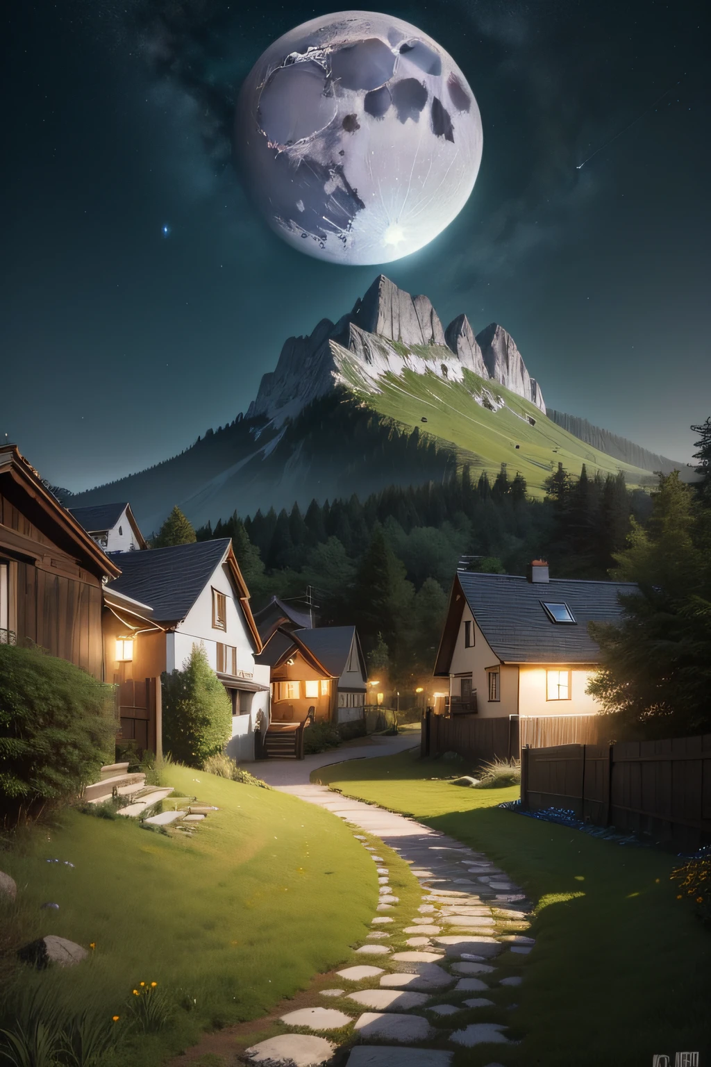 Summer nights，A large moon that is clearly visible，There are also white clouds in the sky，A small slate path leads to the top of the mountain，The path is lined with green lawns，At the bottom of the mountain is a brightly lit town，Real Photographics，SLR photography