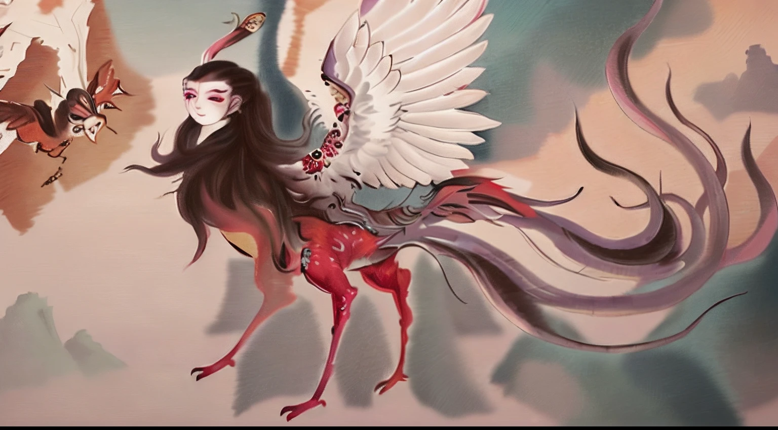 Draw a woman with long hair and a bird on her back, flying mythical beasts, an ultrafine detailed painting, artwork of a phoenix, a mythical creature, Chinese mythology, inspired by Yun-Fei Ji, Inspired by Qiu Ying, ancient china art style, author:Wen Boren, mythological creatures, mingchen shen, author:Sheng Maoye