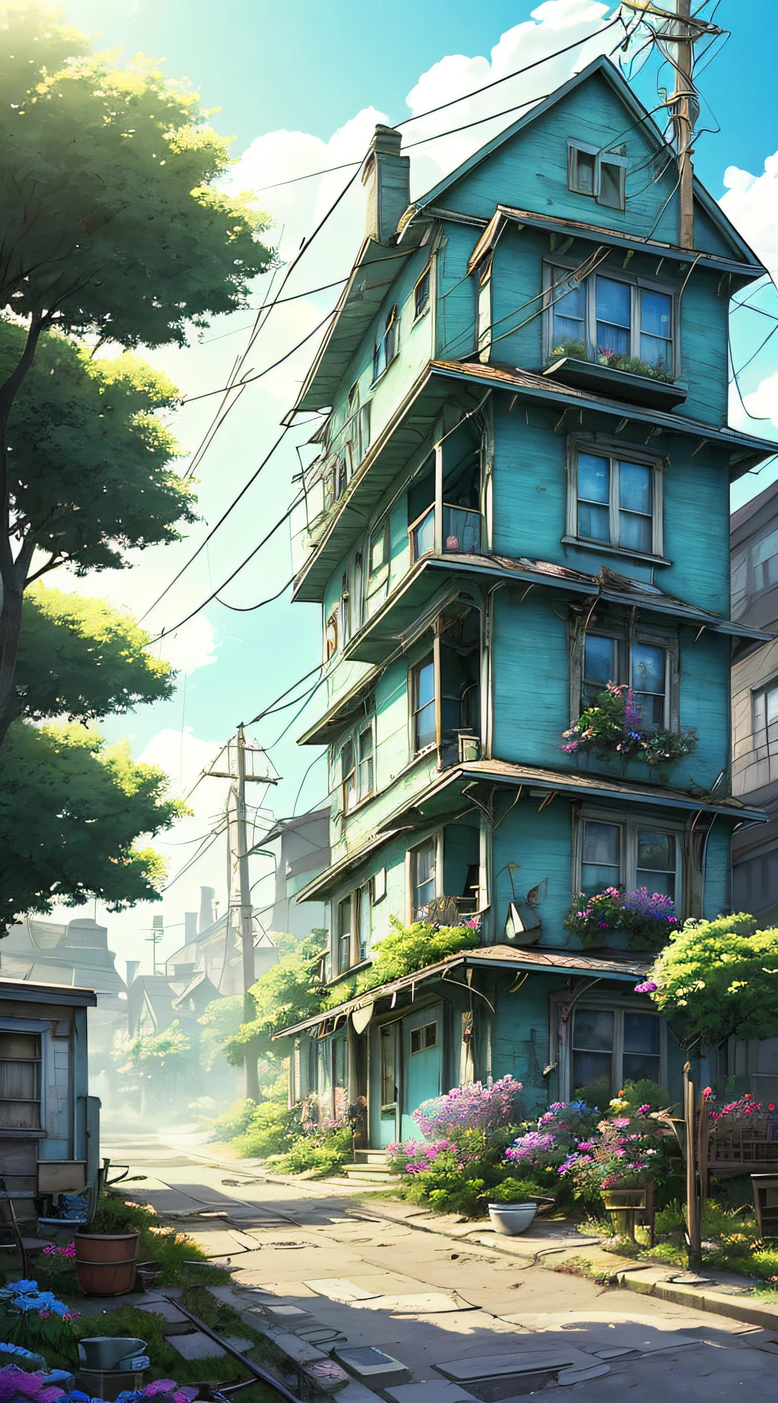 very cozy little place, hyper realism, (anime Makoto Shinkai:0.4), old shabby house in city street, home wiring, outdoors, sky, cloud, day, scenery, tree, blue sky, building, sign, wires, railing, wide shot, utility pole, town, wilderness, flowers, a lot of utensils lying around in a mess