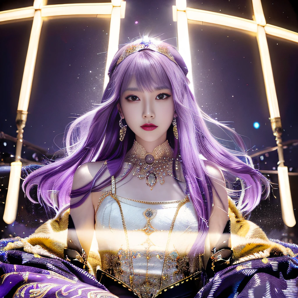 Outdoor 32K（tmasterpiece，k hd，hyper HD，32K）Long flowing bright purple hair，Autumn Pond，zydink， a color， Asian people （Kizi）， （Silk scarf）， Combat posture， looking at the ground， long whitr hair， Floating bright purple， Fire cloud pattern gold tiara， Chinese long-sleeved gold silk garment， Jump up（abstract ink splash：1.2）， white backgrounid，Lotus protector（realisticlying：1.4），Bright purple hair，Smoke on the road，The background is pure， A high resolution， the detail， RAW photogr， Sharp Re， Nikon D850 Film Stock Photo by Jefferies Lee 4 Kodak Portra 400 Camera F1.6 shots, Rich colors, ultra-realistic vivid textures, Dramatic lighting, Unreal Engine Art Station Trend, cinestir 800，Long flowing bright purple hair