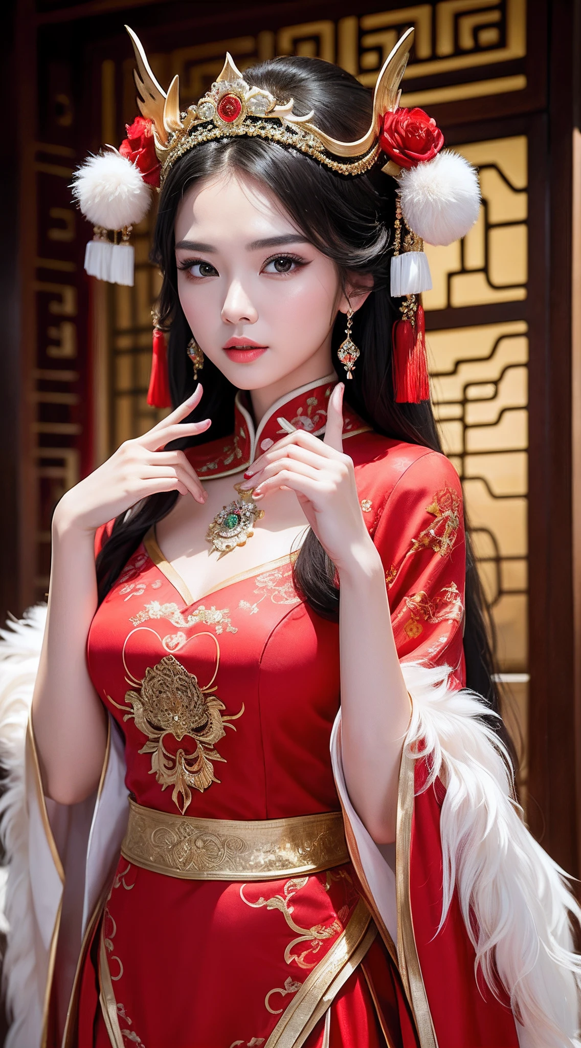 (8k, RAW Photo, Best Quality, Masterpiece: 1.2), (Realistic, Realistic: 1.37), 1 Girl, Aalfi Woman Posing for Photo in Red Dress and Headdress, Gorgeous Role Play, Beautiful Costume, Complex Fantasy Dress, Beautiful Fantasy Queen, Chinese Dress, Complex Dress, Complex Costume, Traditional Beauty, Gorgeous Chinese Model, Chinese Costume, Inspired by Lan Ying, Wearing Gorgeous Costume, Inspired by Puhua, wearing elegant Chinese Xiuhe dress, Chinese wedding dress, Phoenix crown Xia hand, antique bride