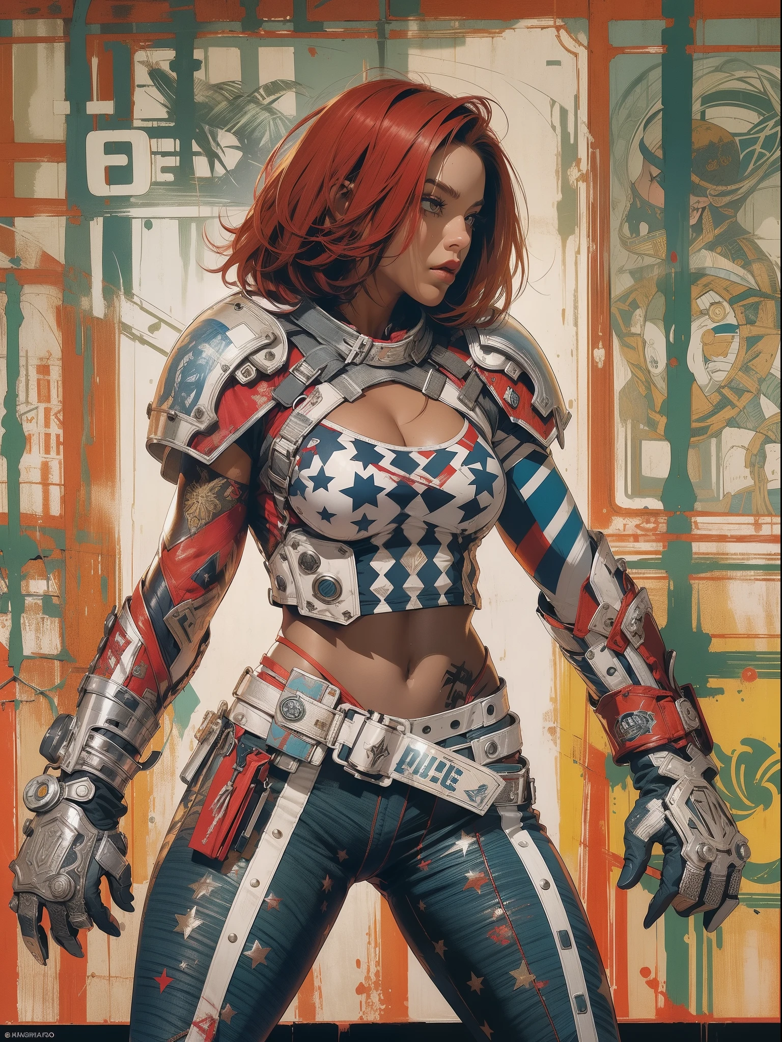 (((mulher))), (((melhor qualidade))), (((obra prima))), (((adulto))), (((1girl))), ((( corte de cabelo bob ))), Uma gladiadora cyberpunk mulher de 25 anos com corpo perfeito, shoulder pads with metal spines, Gladiadores do Brooklyn, (( corte de cabelo bob )), tiny leather panties, camiseta de time de rugby rasgada, quase nua no estilo selvagem urbano de Simon Bisley para a capa da revista Heavy Metal, Cabelo loiro curto, Minimum clothing, Metal protection on the left arm with intricate graphics, Dark red with white stars and striped pattern in zig-zag navy blue and white, armadura, cheio de espinhos, (((do joelho pra cima))), cabelos loiro branco curto, no fundo uma parede pintada por Shepard Fairey com um design intrincado