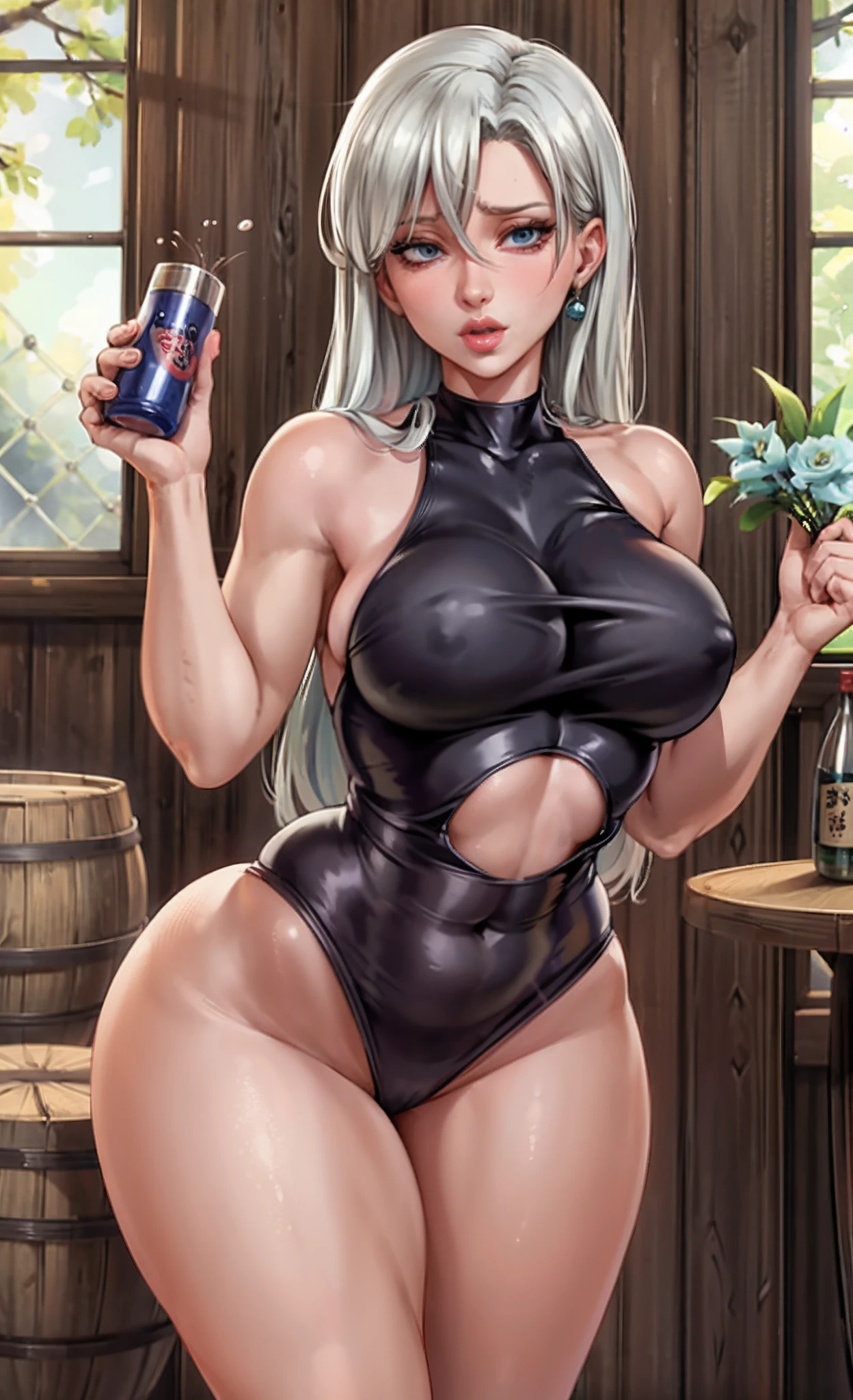 Elizabeth,sozinho,1girl,standingn, high angle, foco rosto feminino, , lips sexy, hy eyelashes, flertando com o telespectador,MILF,peitrandetura fina, quadris largos, coxas grossas, bunda grande, Curvancc, pose sensual , Drunk, Holding a bottle of sake,noite, meia noite