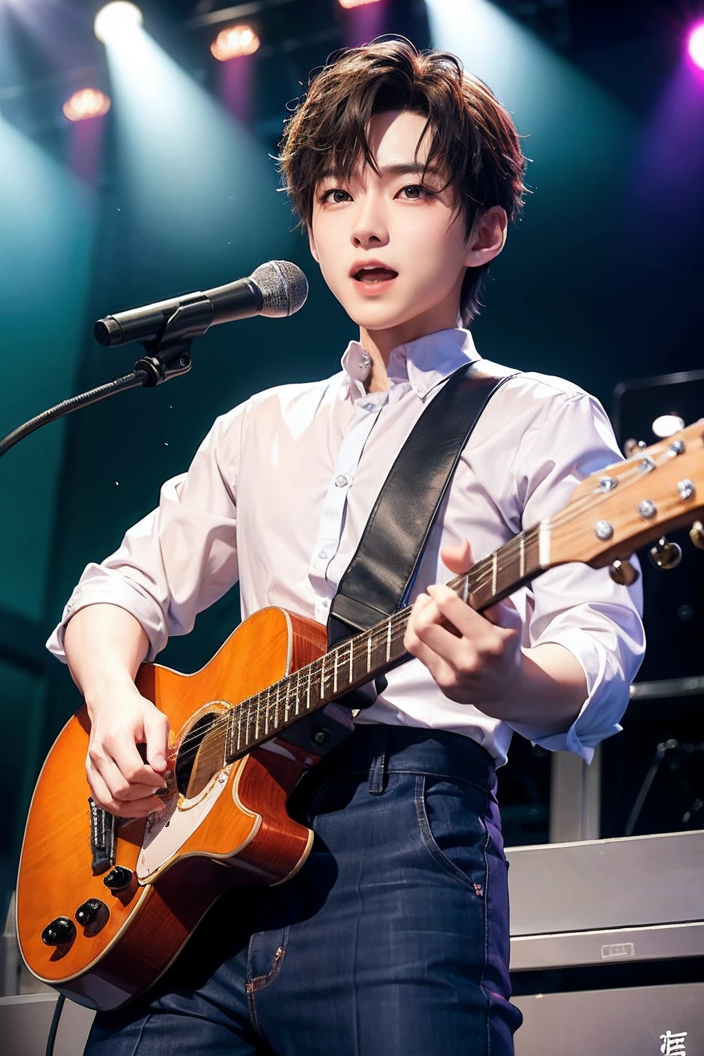 Extraordinary charm、Strong and cute boy,Around 7 years old,Similar to star Andy Lau,He is on the sign called(Freezer tavern)Performances on stage outside the door。He holds a guitar,Hold the microphone with your right hand,Sing affectionately。Fans watched,His singing is full of power and emotion,Everyone was enchanted。He is our singer,With talent and hard work,Everyone knows and loves him。He is an idol in our hearts,It is also an example for us to learn from。Let's cheer for him,Cheers to him,Enjoy his musical charm together!