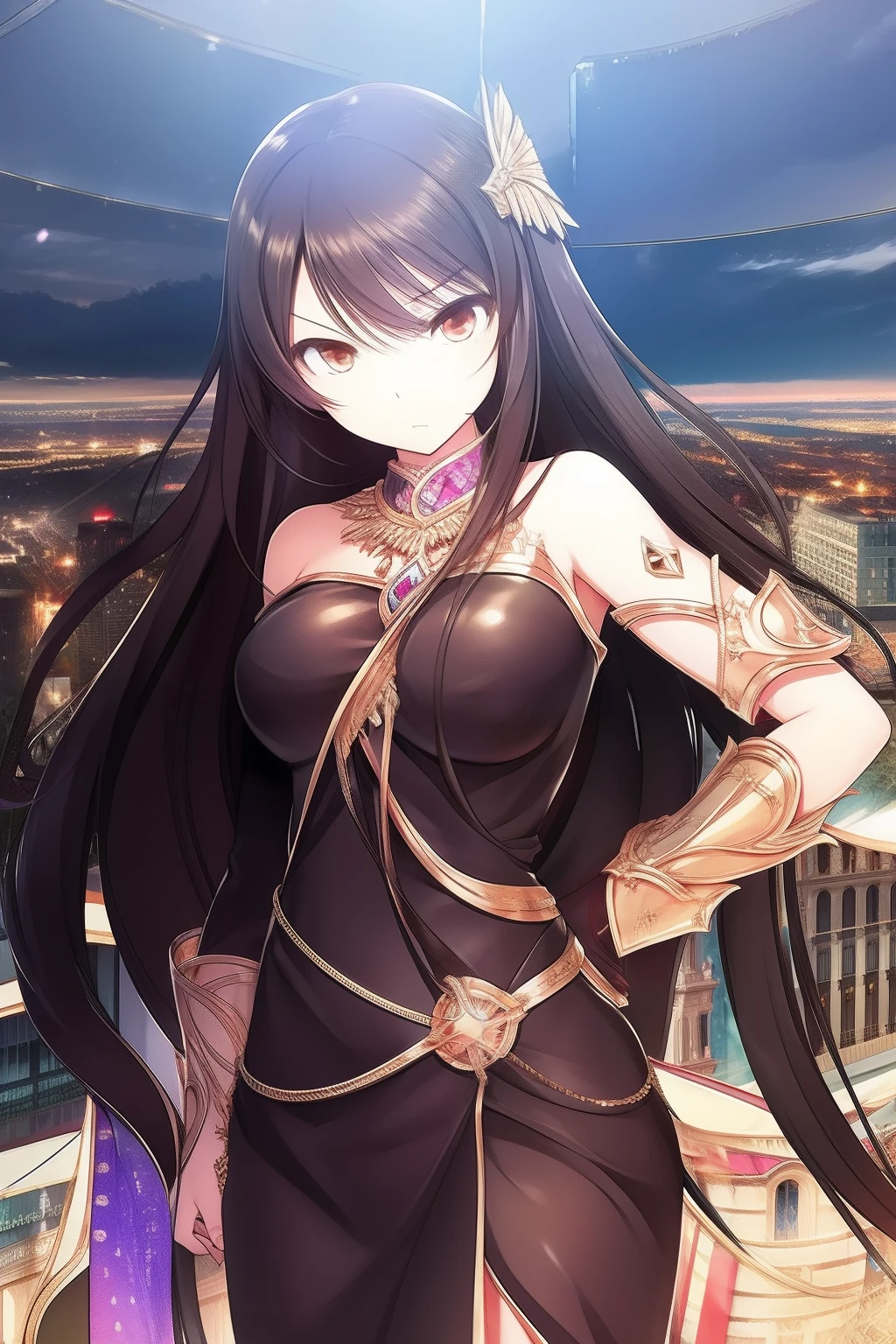 An adult female in a city，Has long and silky black hair in messy layers, Warm brown eyes reflect compassion and kindness. Her confident demeanor and elegant figure exude elegance，Stand in front of an impressive city background. Wear a delicate dark brown office dress and gladiator heels, Face the winds and weather of the apocalypse，She remains steadfast. Realistic imagery captures her captivating presence in the midst of chaos, Sparkling eyes draw viewers into a compelling visual narrative of strength and determination.