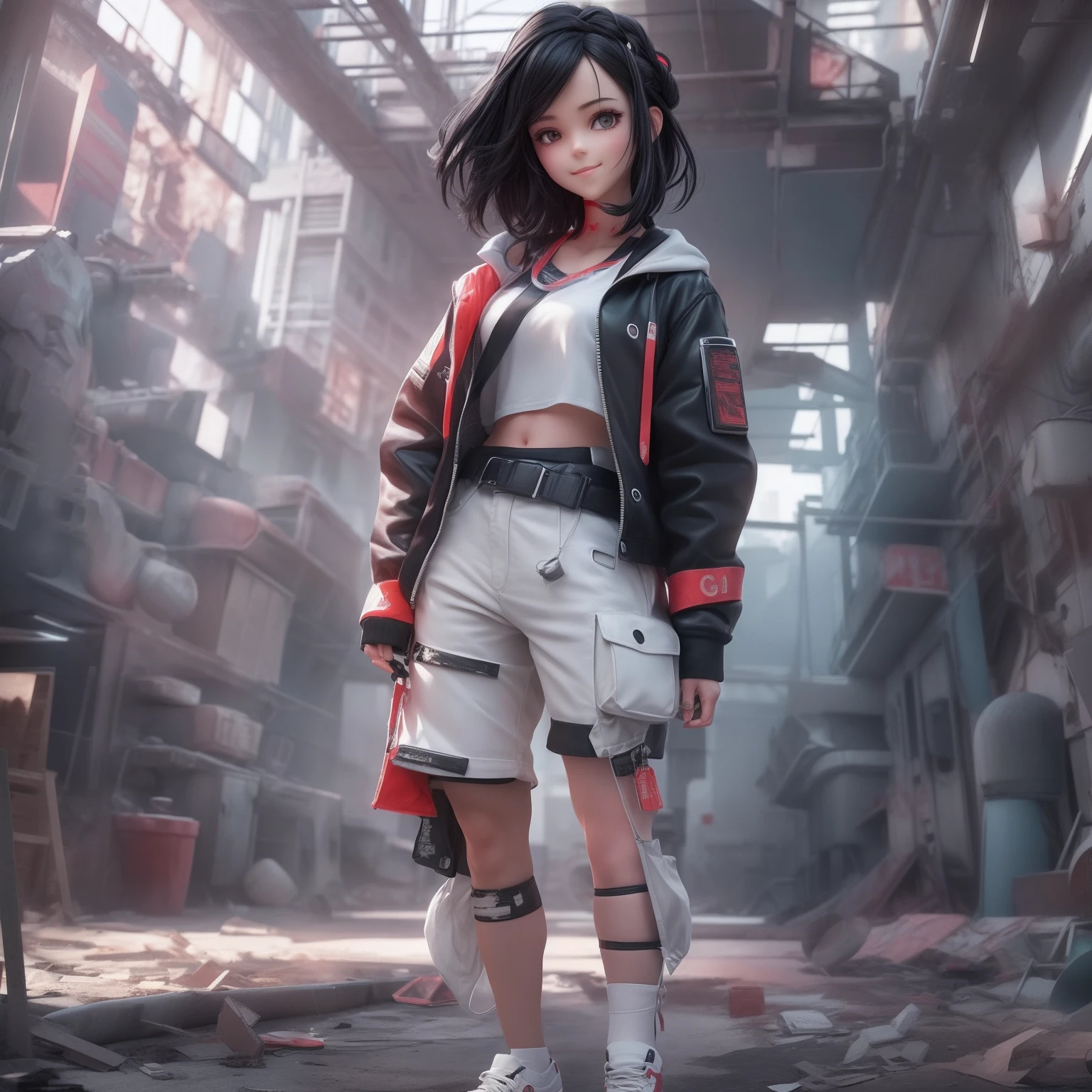 Movie Angle,( cute girly,Black hair,Anatomically correct,full bodyesbian,Masterpiece: Abandoned factory,Representative work: Super large cyberpunk style white outer south,Fabric black multi-pocket cropped pants,Oversized red tourist shoes,Smile),(illustration,paper art,a 3D render),(Extremely colorful, Best quality, high detal, Masterpiece,  Cinematic lighting, 4K, Chiaroscuro)