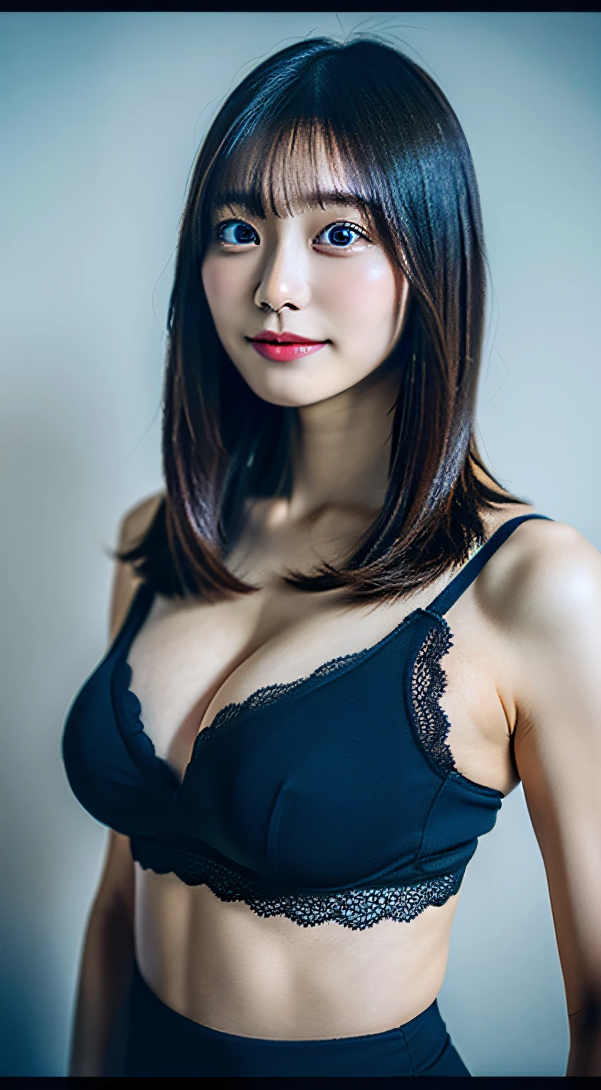 Solo Focus, 1girl in,20 years old, (lightsmile:0.8), [:(extra detailed face):0.1], Detailed eyes, (Full body:1.3)// (Volleyball, Indoor Volleyball Court),// (Black underwear, With lace, A sexy), // a blond, long, flat bangs,// Ray tracing, high quality shadow, (absurderes, masutepiece, Realistic, Photorealistic:1.2), Perfect Anatomy, Physically-based rendering, modernist, Huge breasts, Crisp cleavage