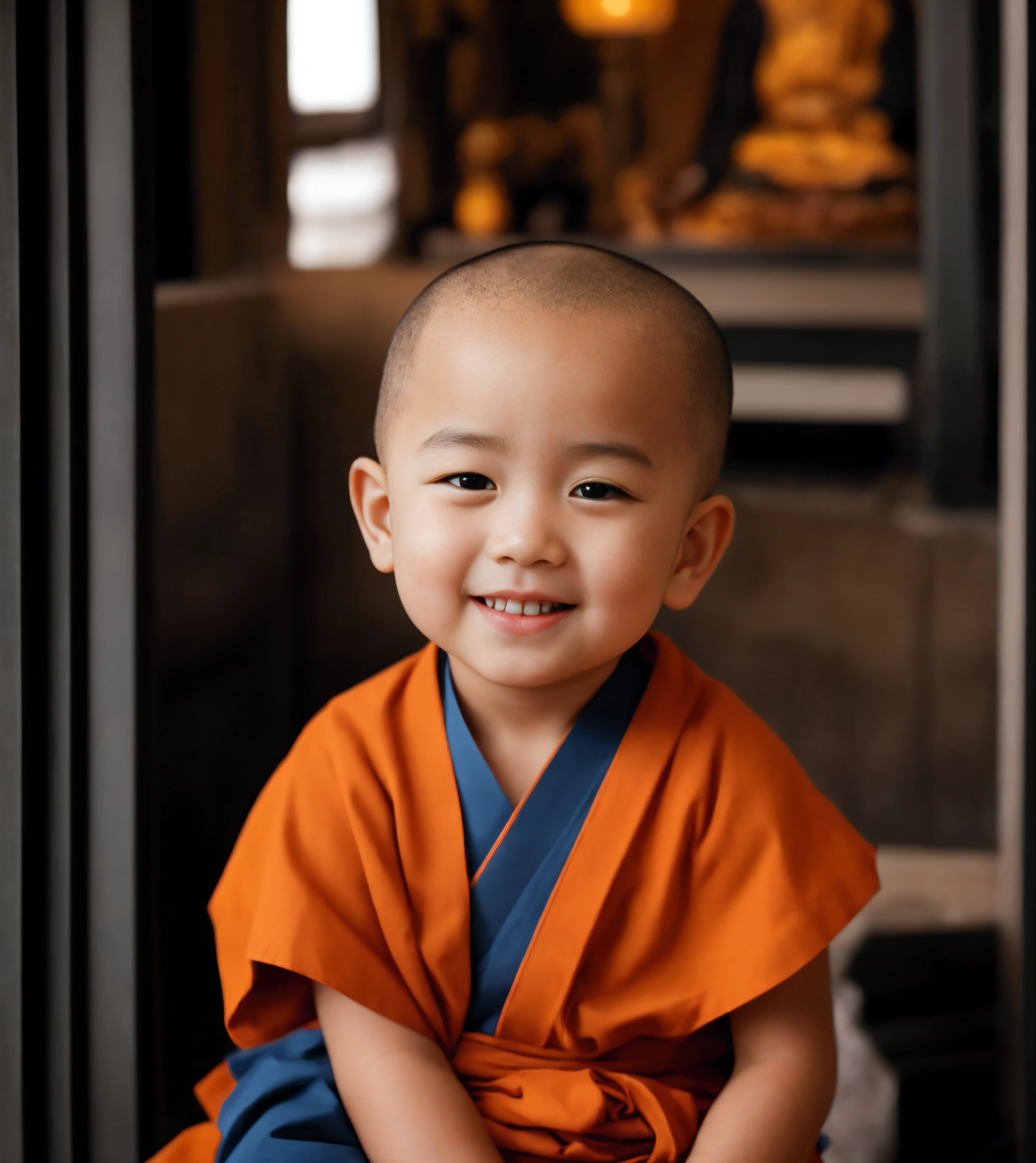 arafed baby sitting on the floor in a robe smiling, Cute digital painting, Portrait shooting, cute portrait, portrait of monk, Inspired by Hu Zaobin, color portrait, close up portrait shot, digital painted, Cute boy, monk, monk clothes, high quality portrait, Innocent smile, young child, close up portrait shot, a serene smile, buddhist monk, Buddhist