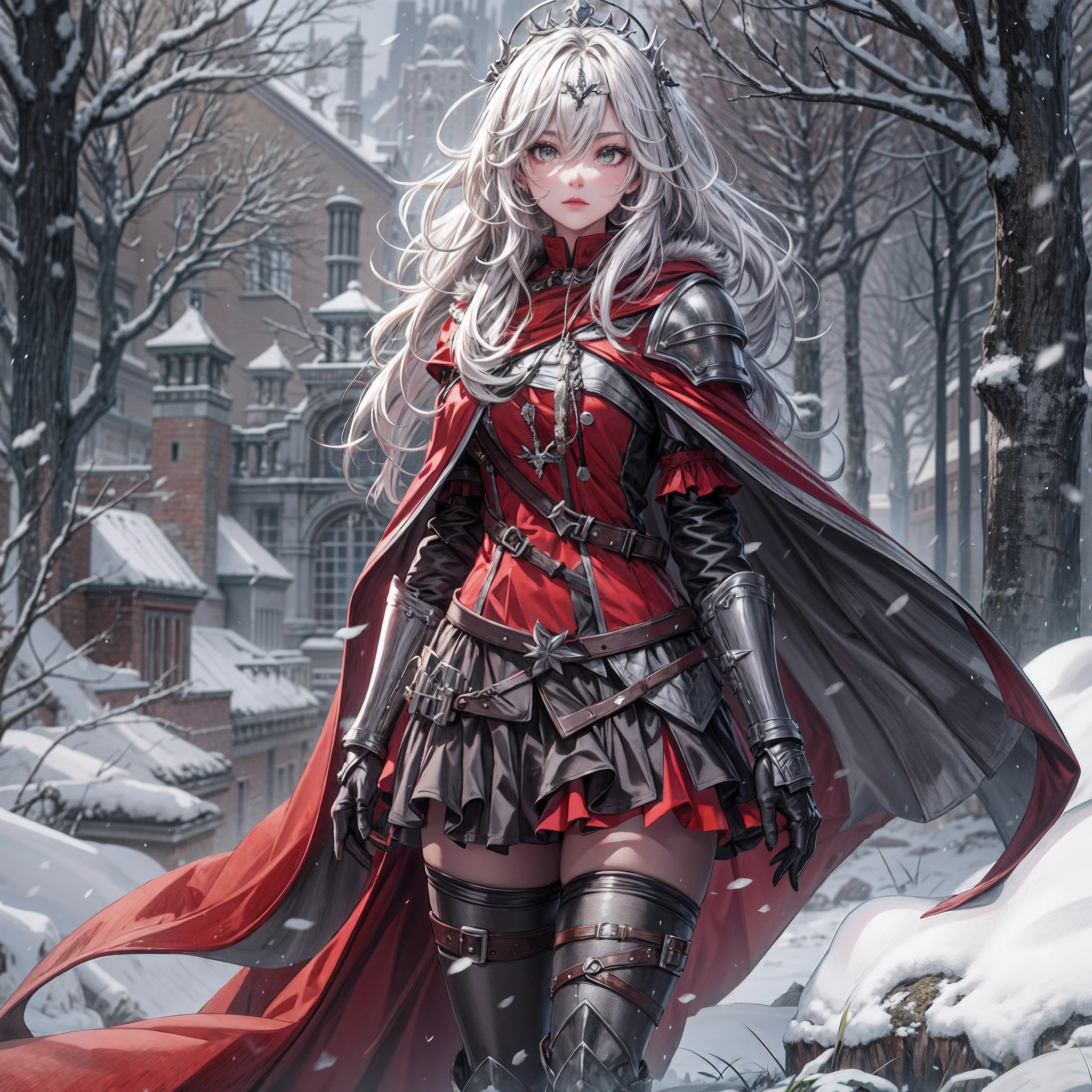 (Masterpiece, Best Quality, High Quality, absurdres, highres:1.2), Medieval, Fantasy, Full Body, (Solo:1.5), Woman, Older, Adult, Long Hair, Silver Hair, Sidelocks, Hair between Eyes, Grey Eyes, Eyeliner, (Grey Eyes:1.3), (Red Eyeliner:1.2), (Red Fur Capelet:1.4), Mature, Armor, Cuirass, Skirt, Thighhighs, Boots, Greaves, Zettai Ryouiki, Tiara, Capelet, Gauntlets, (Silk, Metal), Snow, White Castle in the Background, Falling Snow, Red, Black, Silver,