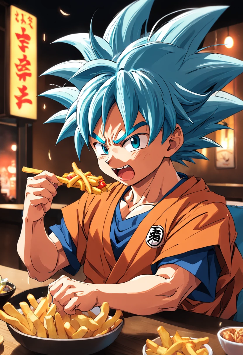 goku eating fries in izakaya with smile, sake on table