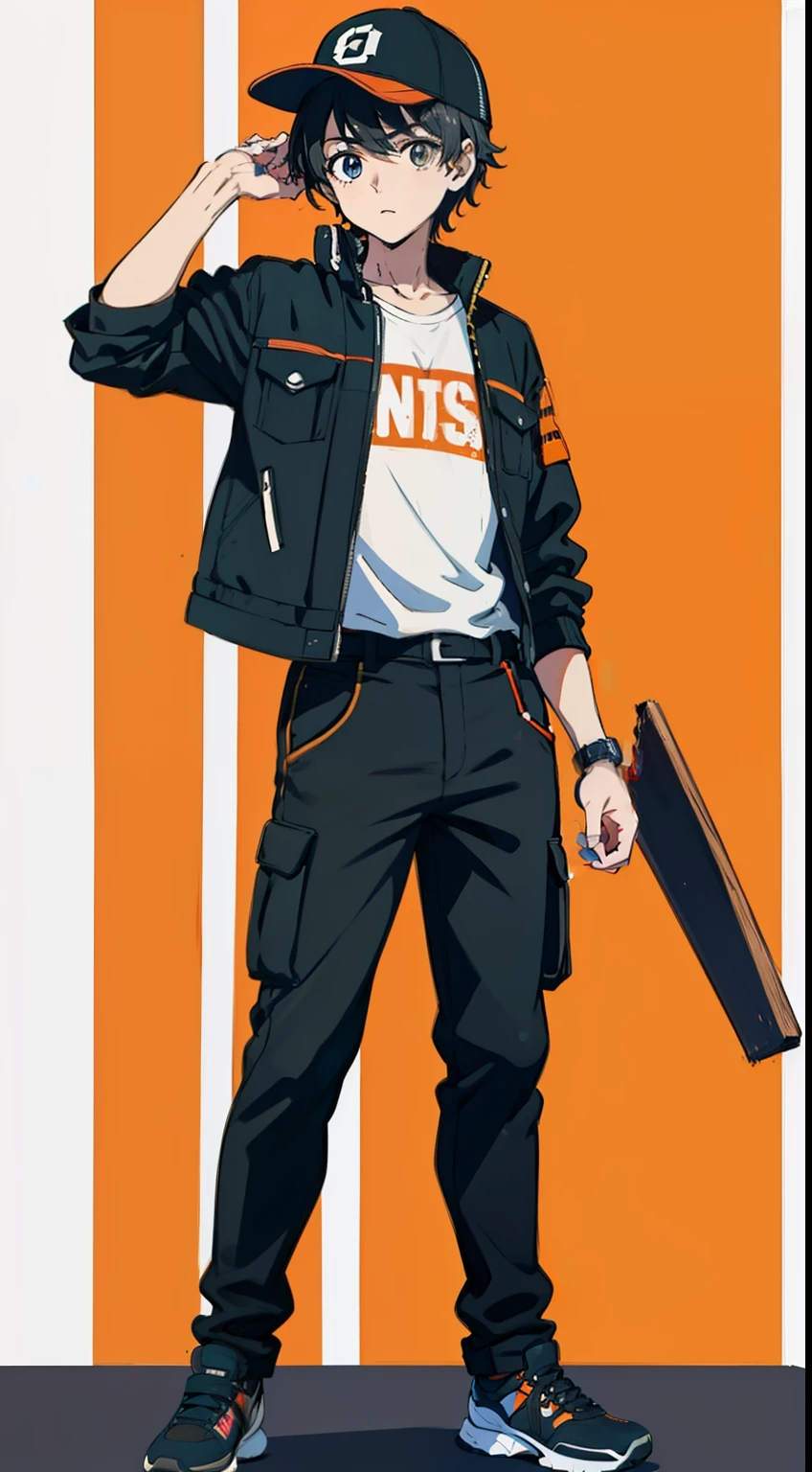 ((1garoto)) jovem, menino, masculino, cabelo marrom, cor marrom dos olhos, Jaqueta manga curta preta com detalhes laranjas e camisa manga branca, gray cargo pants, portanto, o smartwatch, Black and white baseball cap with two orange stripes, gray cargo pants, sapatos esportivos brancos, desenho, anime, ((master part)) 4k, ((Estilo anime)) ((arte conceitual)) corpo inteiro, Standing