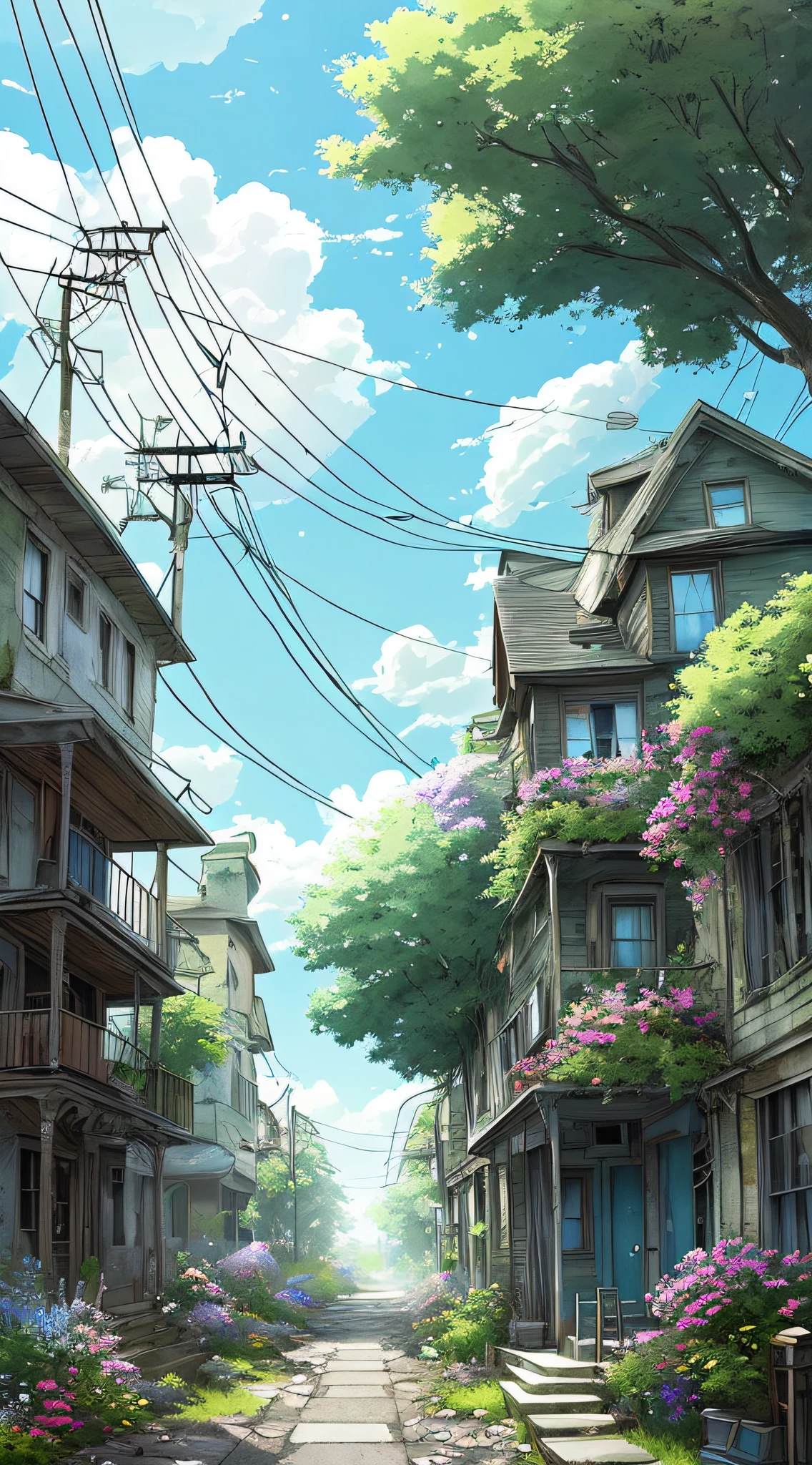 very cozy little place, hyper realism, (anime Makoto Shinkai:0.4), old shabby house in city street, home wiring, outdoors, sky, cloud, day, scenery, tree, blue sky, building, sign, wires, railing, wide shot, utility pole, town, wilderness, flowers, a lot of utensils lying around in a mess