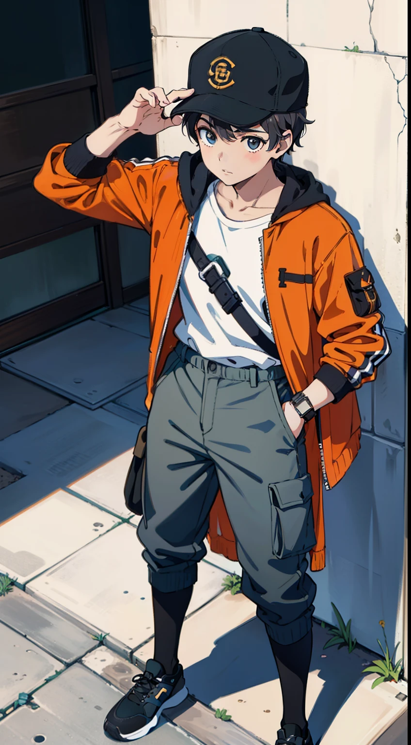 ((1garoto)) jovem, menino, masculino, cabelo marrom, cor marrom dos olhos, Jaqueta manga curta preta com detalhes laranjas, gray cargo pants, Portanto, o smartwatch, Black and white baseball cap with two orange stripes, gray cargo pants, sapatos esportivos brancos, desenho, anime, ((master part)) 4k, ((Estilo anime)) ((arte conceitual)) corpo inteiro, Standing