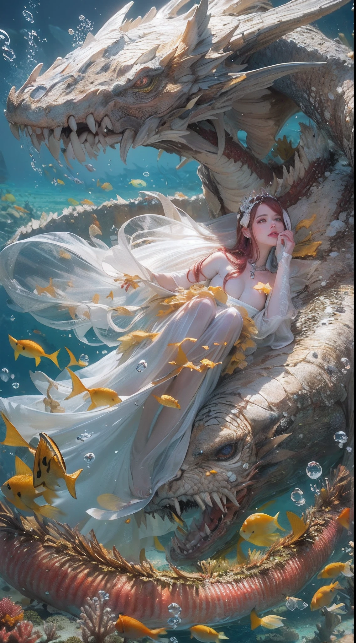 girl, princess of dragon, (Highest quality authentic textured skin),(abyssal),(Fine, Round, Symmetrical eyes),Delicate facial features,(Burning bright and cold eyes), she have beautiul tiger eyes, very slim and thin body, naked, nude, (She has a mischievous smile on her face),(Her face is gentle and beautiful),Glass earrings on the ears,,(Blonde hair),(silvery white hair),(Maroon hair),(Swim at the bottom of the sea),(Full body portrait:1.5),(Dramatic photo:1.4),(dramatic pose),(flamboyant photo)(facing up),(Looking down),(Around her neck hangs a simple necklace of exquisite craftsmanship),A messy painting,(Hair flows in water:1.5),(Underwater, Marine life, Beautiful coral reef, Fish),(Vortices and tidal currents in the background),(Dramaticlight),(Magnificent scene),(Surrounded by beautiful dragon),In the distant background is a temple submerged in a coral reef,the reef,Epic realism,Cinematic feeling,(high-density imaging review:1.5),(Soft color:1.2),Ultra detailed,Dramaticlight,(intricately details:1.1),the complex background,