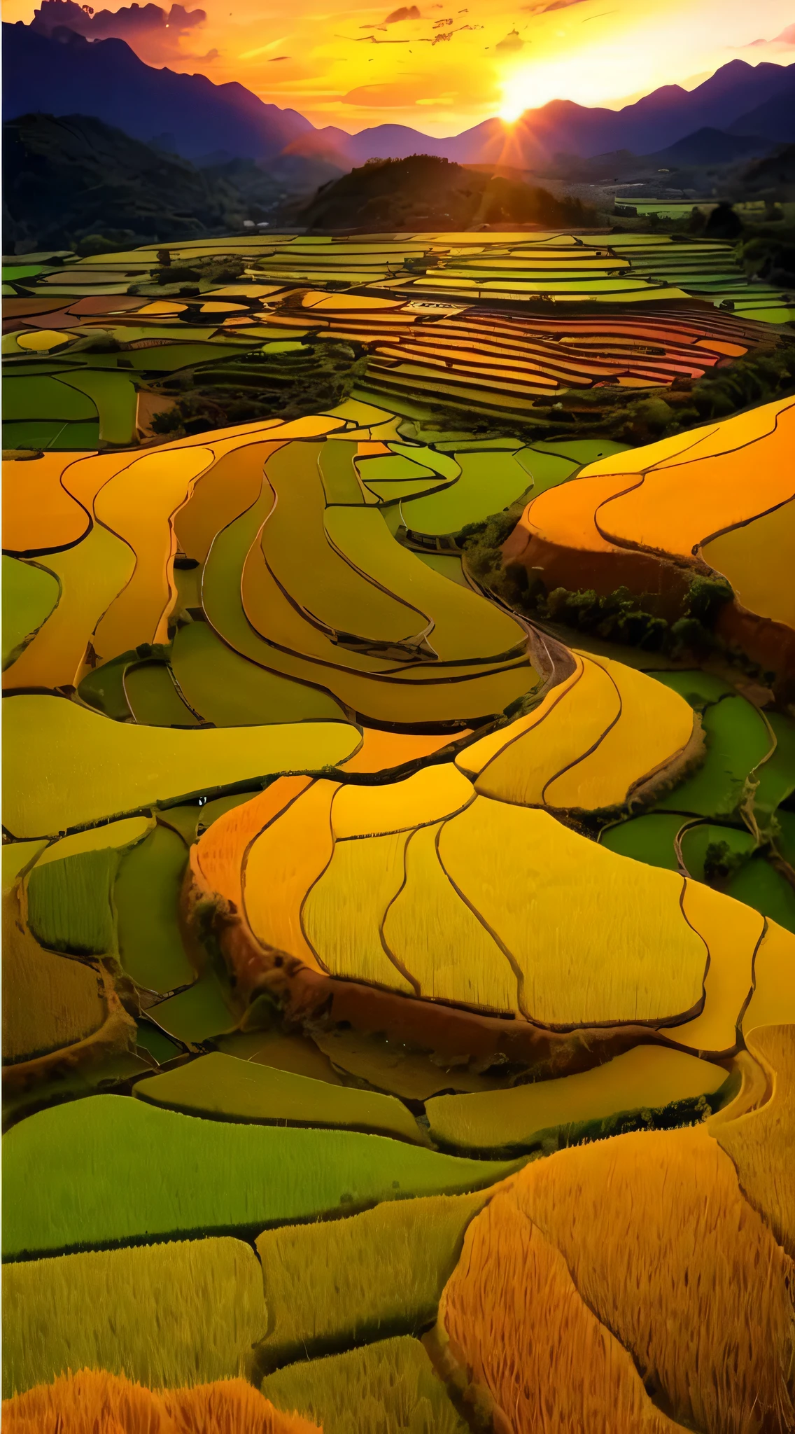 Close-up of a field with sunset as a background, Extraordinary colorful landscape, Amazing landscape, ricefield, rich picturesque colors, breathtaking colors, Stunning landscape, breathtaking landscape, vivid vivid colors, incredible light, author：Yang Borun, warm beautiful scene, amazing wallpapers, beautifully lit landscape, Vivid landscape, very very very beautiful scenery, author：Xia Yong