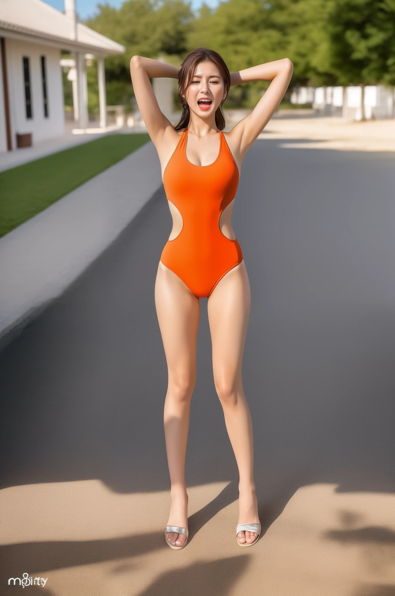 16k, Arms behind the head, ((Open legs)), Masterpiece, Orange monokini, ((Erotic)), 24-year-old Korean woman, Wide waist, ((Open legs)), (Open mouth languidly), (Eyes wide open), Sweaty and shiny skin, Brown hair, Tousled long hair, Watch Viewer, Full body, Perfect body