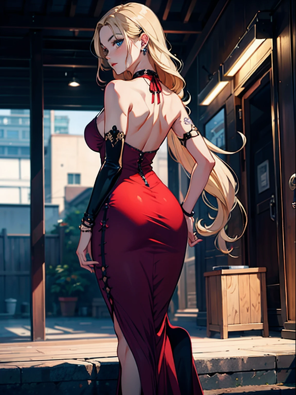 (rear view), (sexy pose), (sexy girl), masterpiece, best quality, full body, 1girl, bangs, blush, breasts, collarbones, ear piercings, eyebrows visible through hair, (long wave blonde hair), forehead, jewelry, long hair, looking at the viewer, piercings, (long elegant red dress), (goth), bright blue eyes, (solo), illustration, fashionable, woman, posing, background, elements, confident, Accessory, Majestic, Rolled, Around, Touch, Scene, Eye-catching, Larger, Focus, Dynamic Pose
