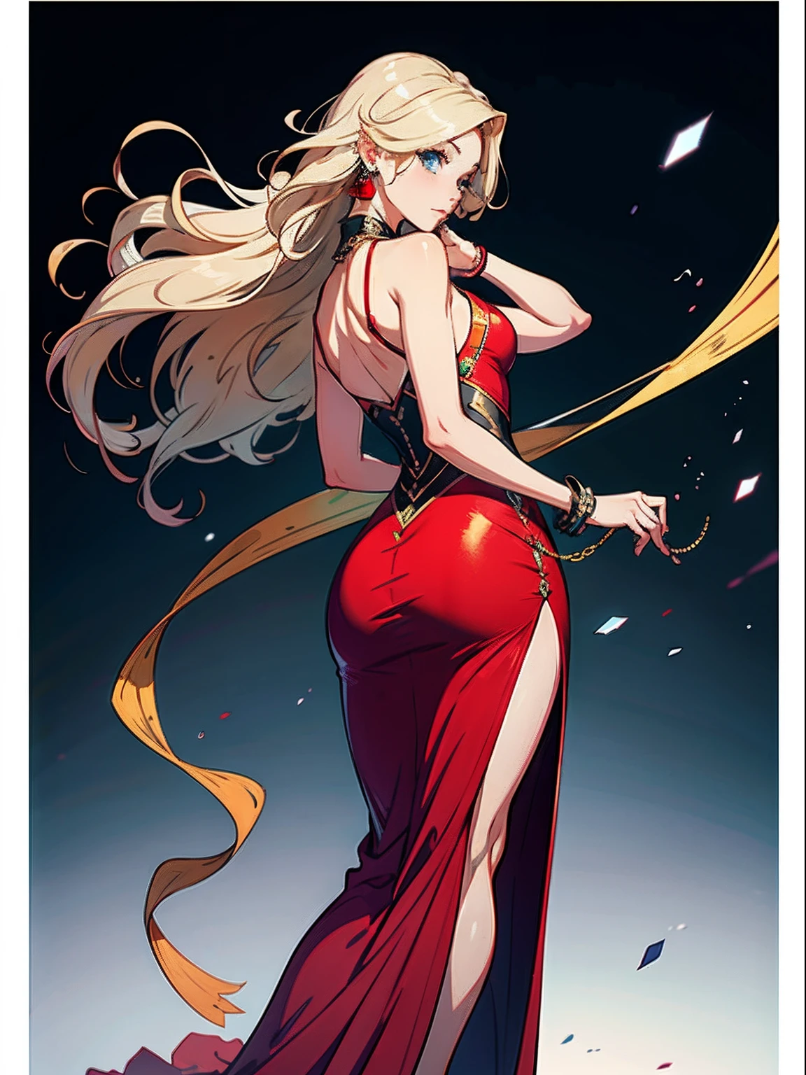 (rear view), (sexy pose), (sexy girl), masterpiece, best quality, full body, 1girl, bangs, blush, breasts, collarbones, ear piercings, eyebrows visible through hair, (long wave blonde hair), forehead, jewelry, long hair, looking at the viewer, piercings, (long elegant red dress), (goth), bright blue eyes, (solo), illustration, fashionable, woman, posing, background, elements, confident, Accessory, Majestic, Rolled, Around, Touch, Scene, Eye-catching, Larger, Focus, Dynamic Pose