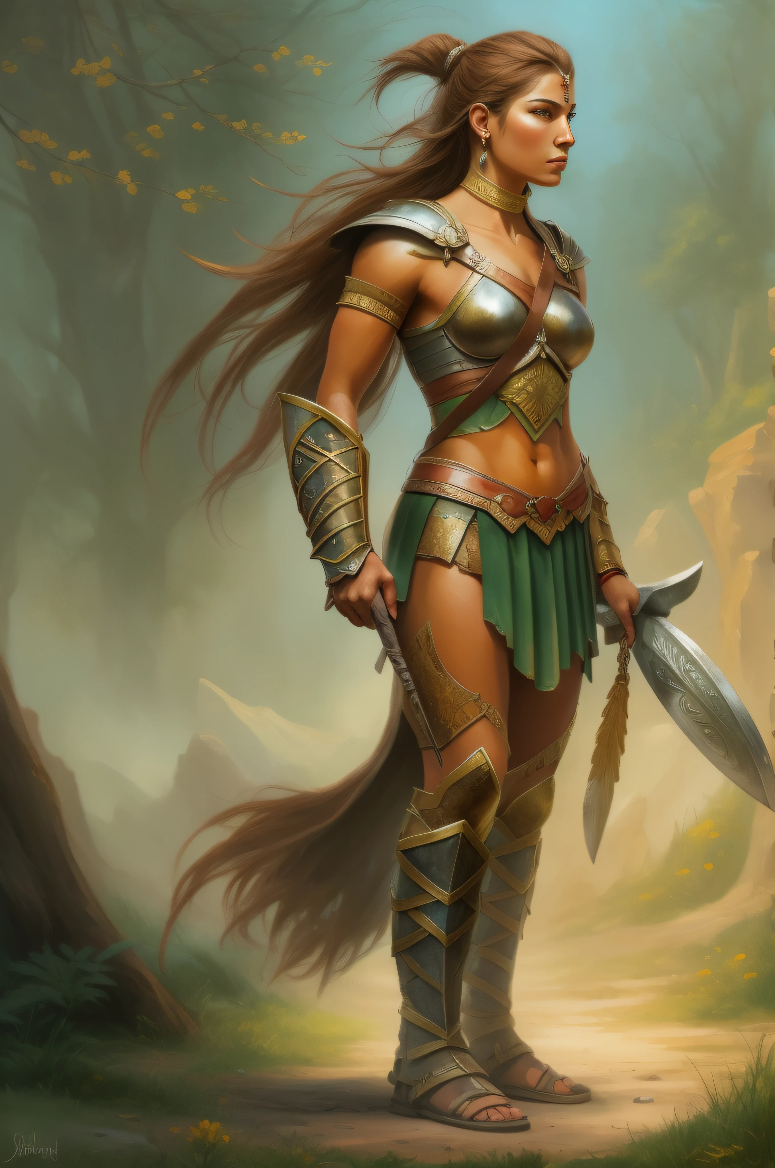 Fantasy art style, oil painting, a full-height image of a female spartan warrior woman,