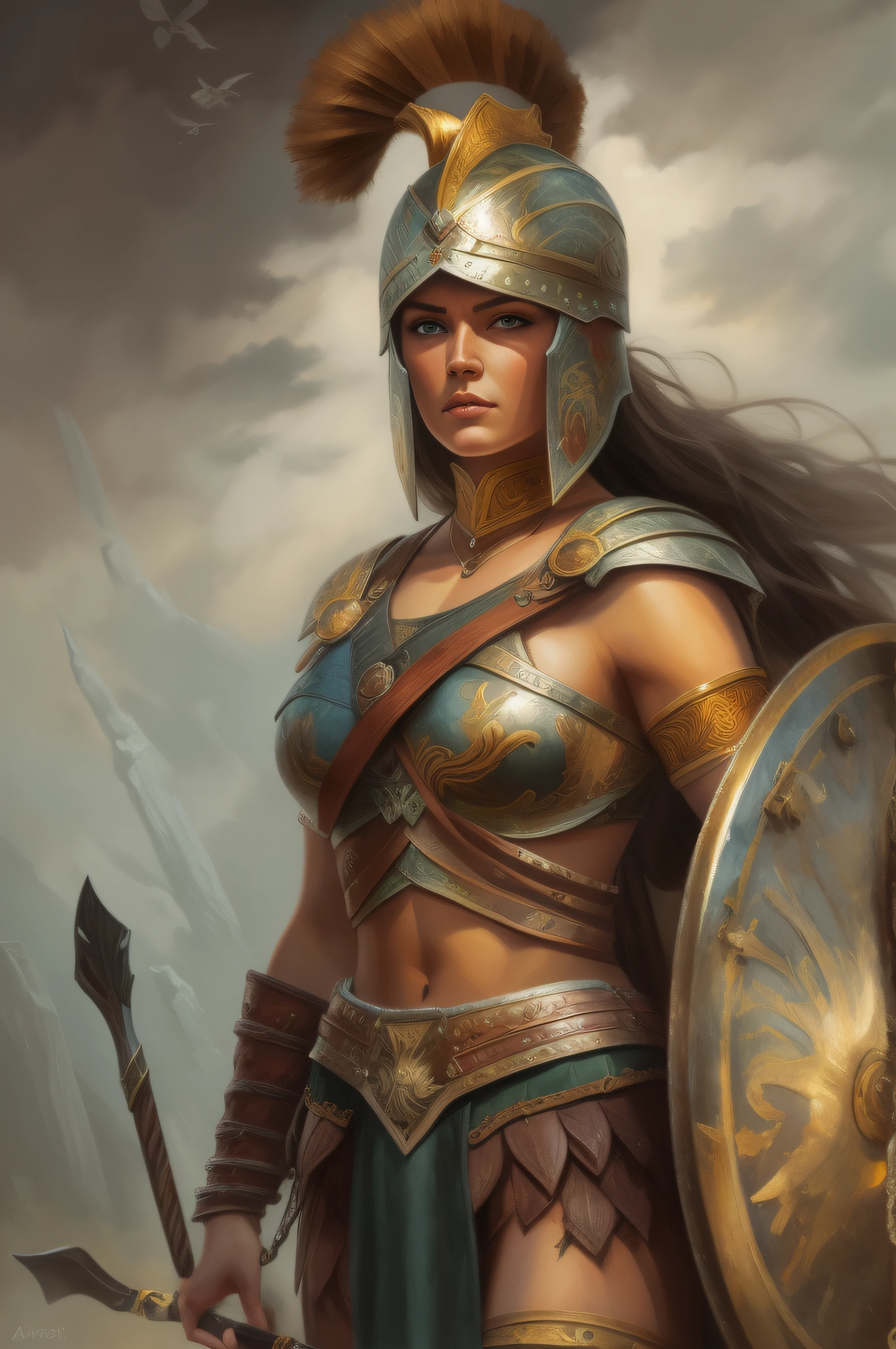 Fantasy art style, oil painting, a full-height image of a female spartan warrior woman,