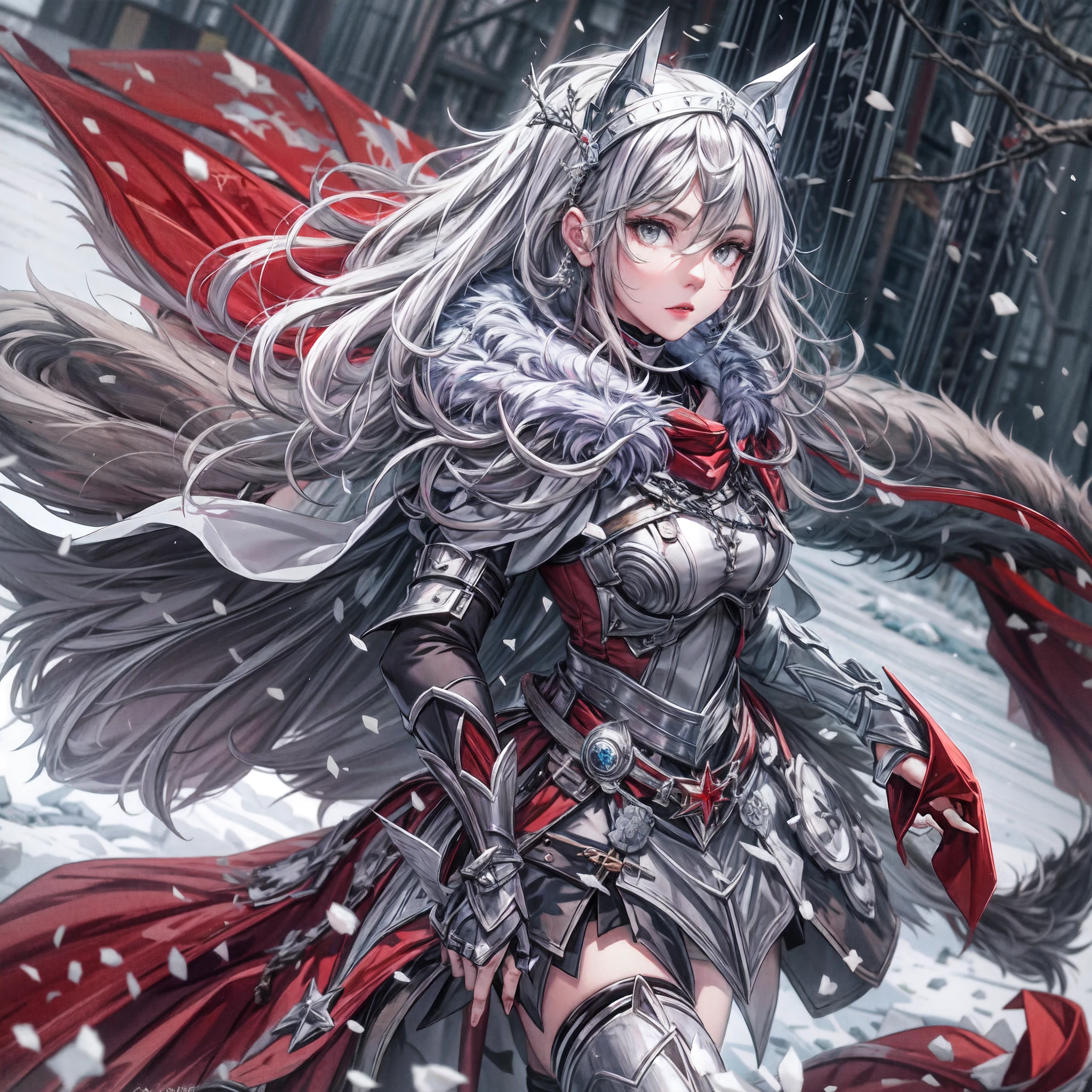(Masterpiece, Best Quality, High Quality, absurdres, highres:1.2), Medieval, Fantasy, Full Body, (Solo:1.5), Woman, Older, Adult, Long Hair, Silver Hair, Sidelocks, Hair between Eyes, Grey Eyes, Eyeliner, (Grey Eyes:1.3), (Red Eyeliner:1.2), (Red Fur Capelet:1.4), Mature, Armor, Cuirass, Skirt, Thighhighs, Boots, Greaves, Military Uniform, Zettai Ryouiki, Tiara, Capelet, Gauntlets, (Silk, Metal), Snow, White Castle in the Background, Falling Snow, Red, Black, Silver,