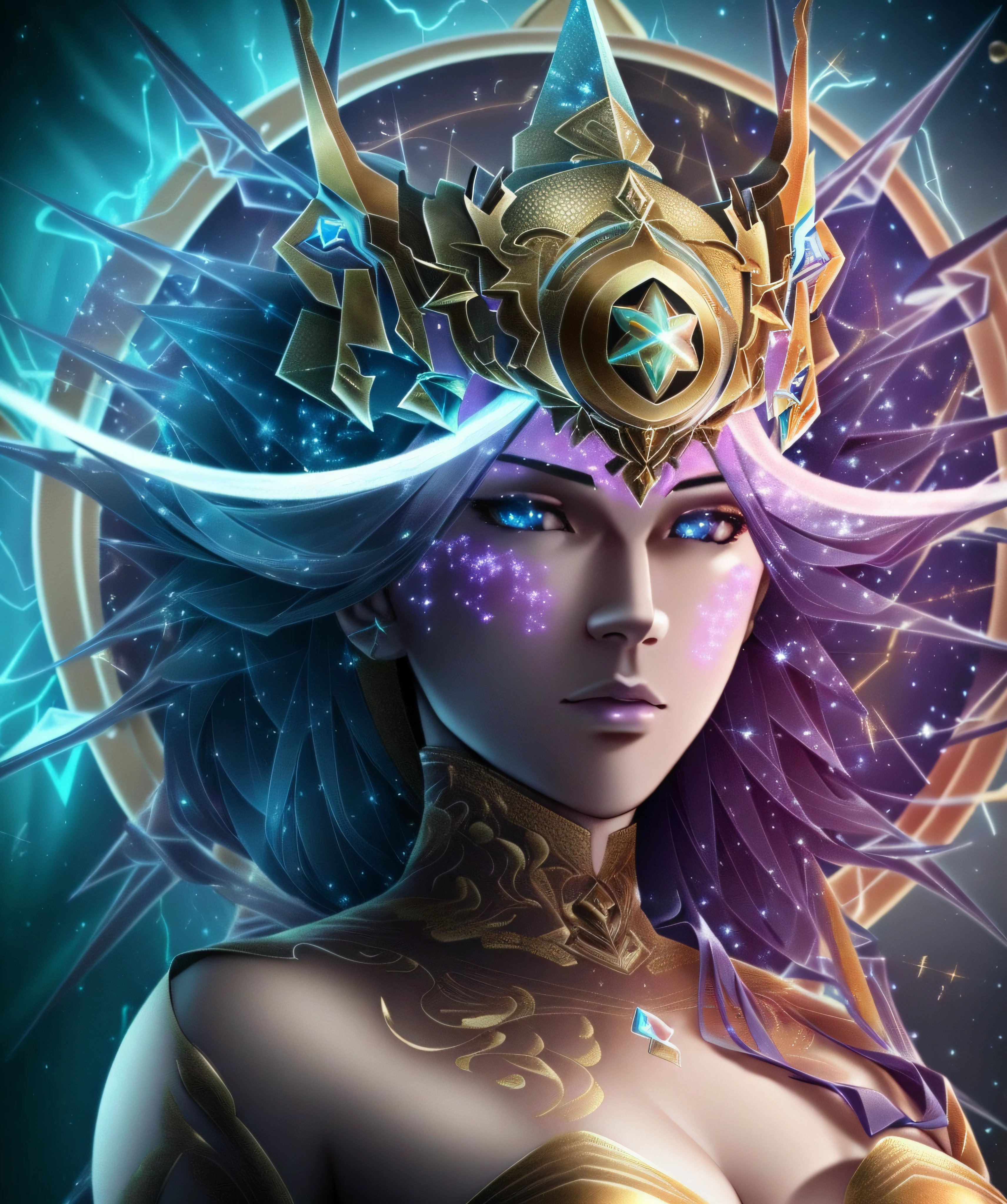 Algorithmically enhanced random close-up view of a cosmic humanoid being covered in powerful Ultra Arcane magic sigils wearing an intricate living lightning fractal mane and lavishly adorned attire reflecting tactical sun-motes and diamond moon shards, quasi-cosmic vortex sub-model, bright nebulae in the background, 7th-Sphere characterized, golden ratio-ed, inner bio-illuminated geometry, starkest contrast,flagrantly fibonacci formulated, dynamic bi-lateral asymmetry, super-critically unique, quantum feedback algorithm frenzy, hyper-realistic, post singularity AI imperative, ironically staggered data set, active 3D shading, lighting and focus, random 3D particle effects, rule of thirds, Unreal Engine 10, art station, Maximum Level of detail, concept art, art nouveau, 8k, Iridescent Primalight, Hawking radiation collector with lucidity crystallizer and grade A temporal accumulator, spontaneous Kozyrev Mirror refraction, cosmic ray visionary, innate Jail Break Protocol