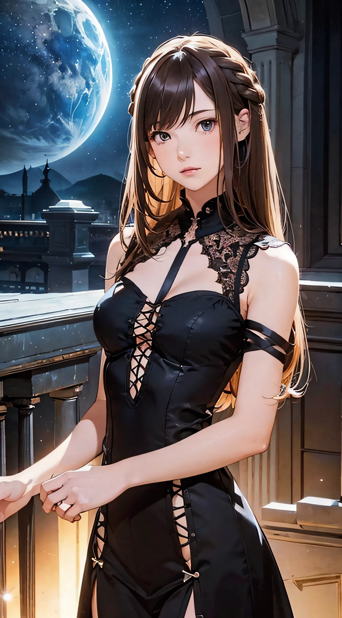 (1girl:1.3), cinematic light, solo, breasts, Lace-Up Bodice Dress, silky long hair, (brown) hair, (masterpiece, top quality, best quality, official art, beautiful and aesthetic:1.3), extreme detailed,highest detailed,(ultra-detailed),((an extremely delicate and beautiful)),starry sky,from below