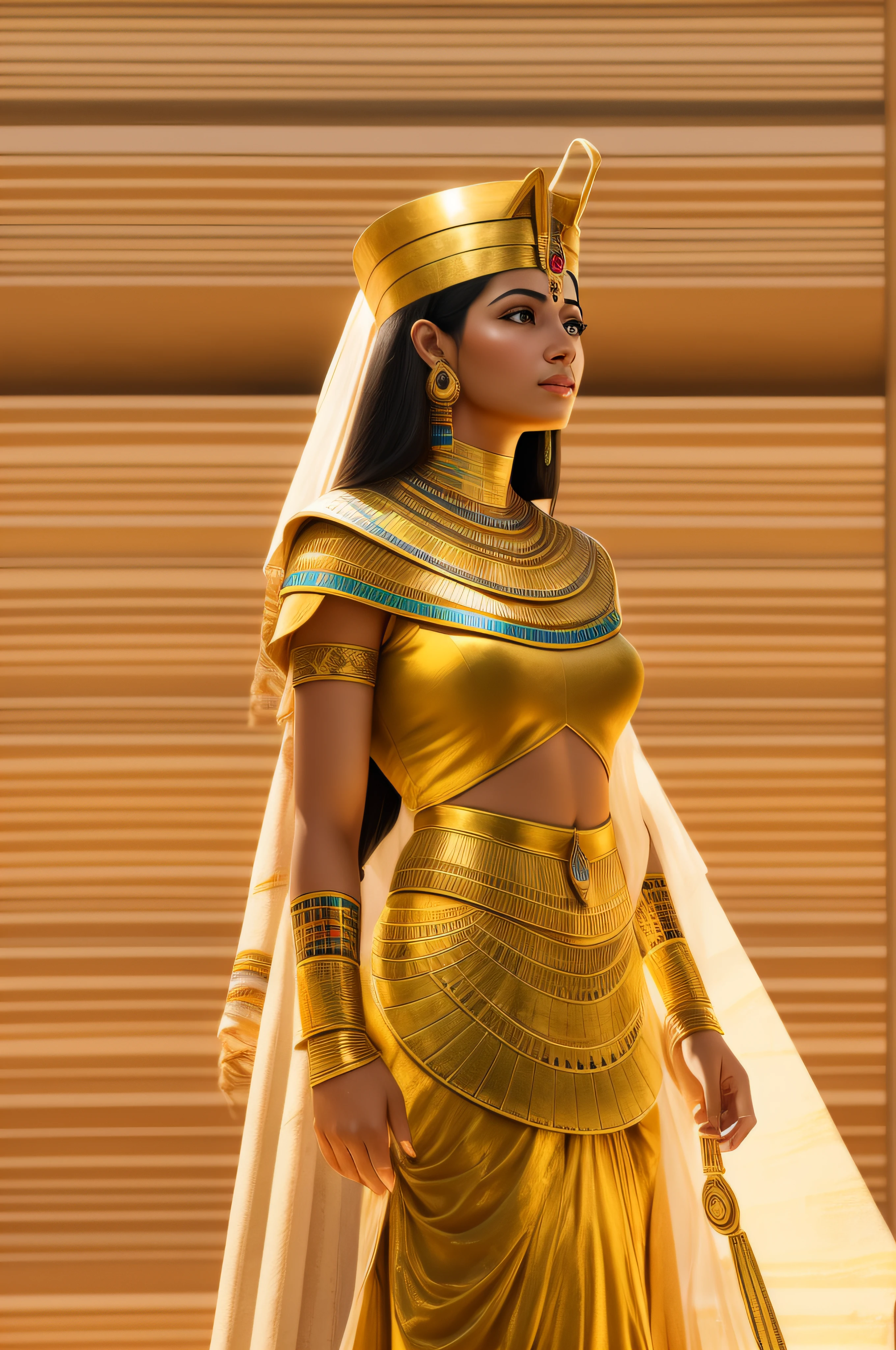 A very realistic panoramic sunlight image of a serene beautiful Egyptian princess standing at the top of Keops Pyramid, wearing golden clothing. Saluting her people, who praised her on their knees. Photograph theme style, afternoon lighting v 5
