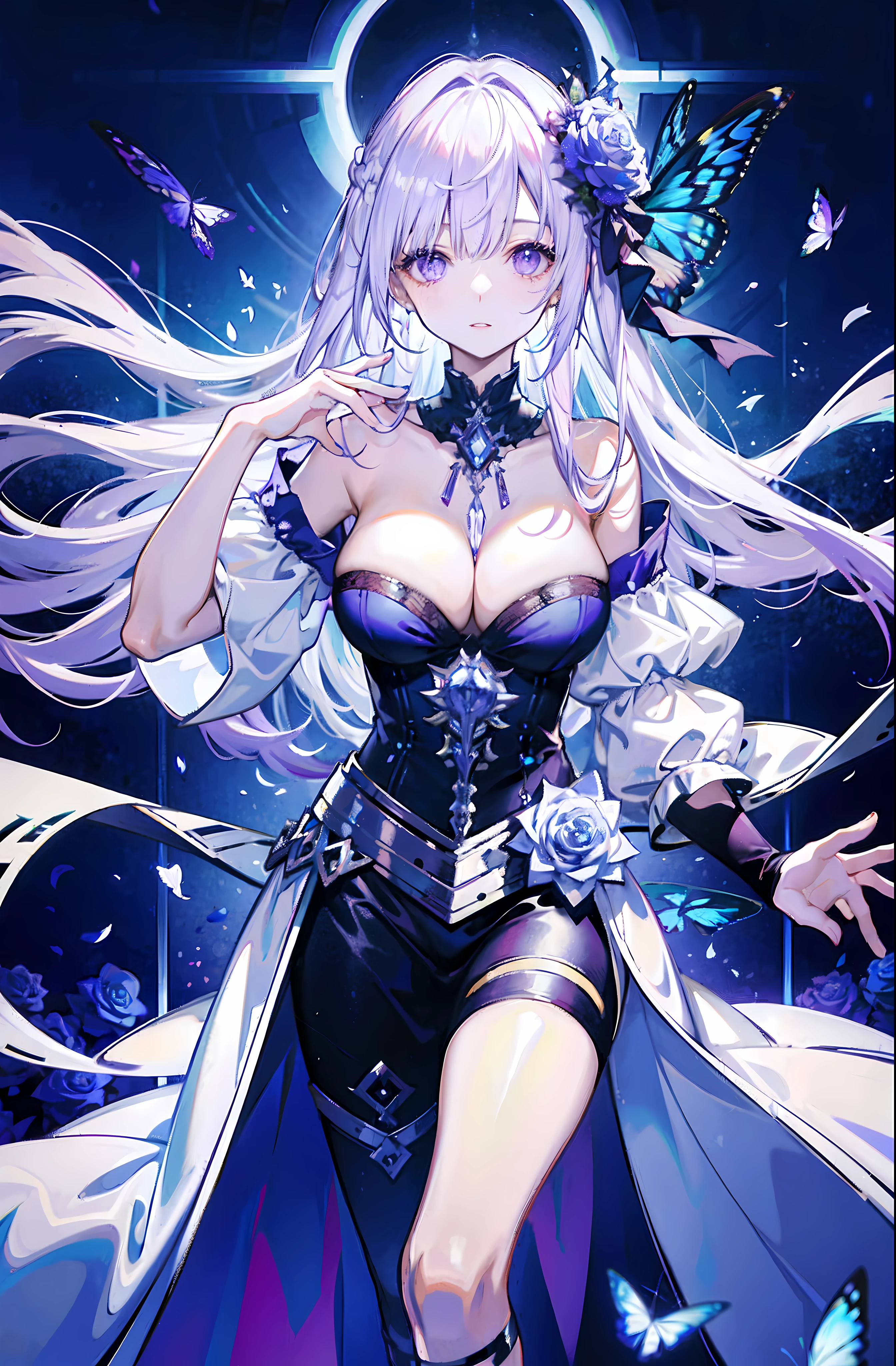 silber hair，butterflys，long whitr hair，8k wallpaper，detailedbackground，Highest high resolution，deep v big breasts，Hair over eyes，Bandeau，Church background，Purple roses，tight-fitting，themoon，stocklings