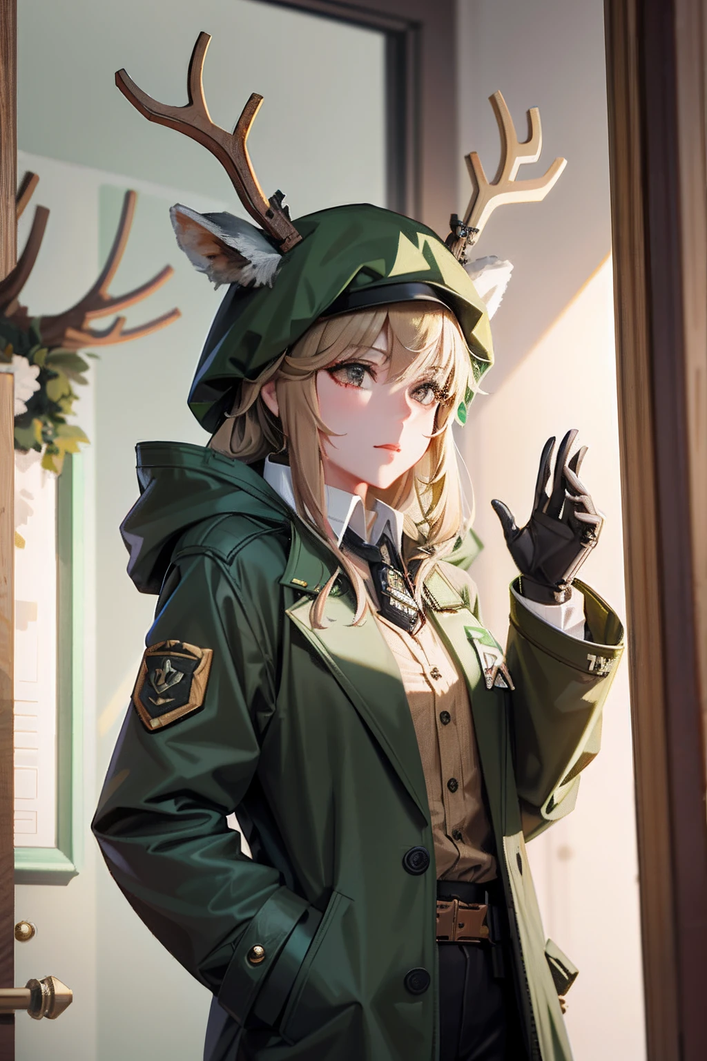 There was a man in a green coat,Woman with antlers on her head, from girls frontline, Fine details. Girl front, girls frontline style, Girls Frontline CG, m4 sopmod ii girls frontline, Anime girl cosplay, professional cosplay, cosplay foto, Anime cosplay, Guviz-style artwork, as an overwatch character, Realistic anime 3 D style