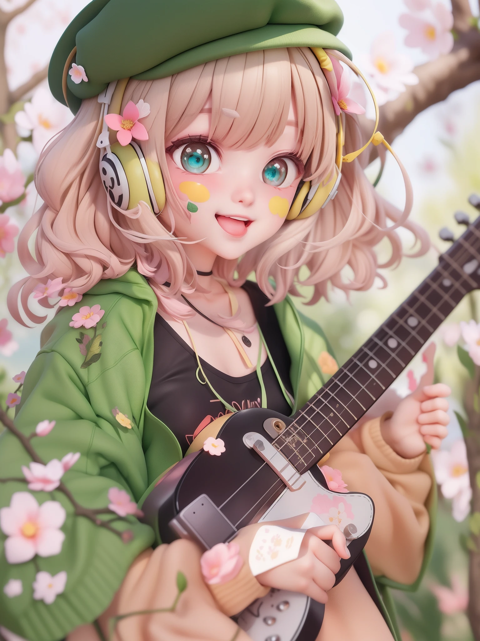(masterpiece),(best quality),(ultra-detailed), (full body:1.2),
1woman, lofi, cute, smile, open mouth,
flower, outdoors, playing guitar, music, beret, holding guitar, jacket, blush, tree, :3, shirt, short hair, cherry blossoms, green headwear, blurry, brown hair, blush stickers, long sleeves, bangs, headphones, black hair, pink flower,
(beautiful detailed face), (beautiful detailed eyes),