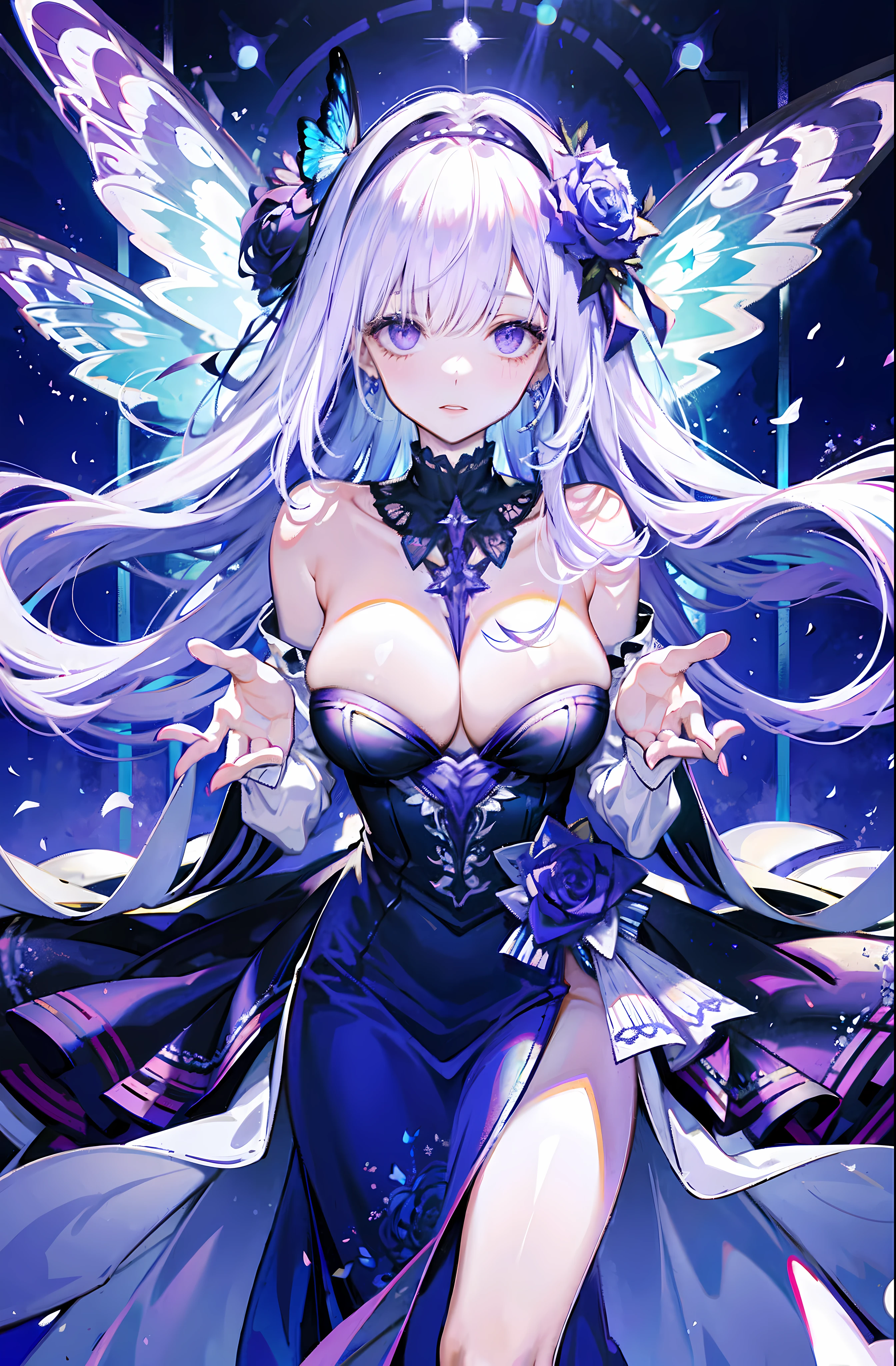 silber hair,butterflys,long whitr hair,8k wallpaper,detailedbackground,Highest high resolution,deep v big breasts,Hair over eyes,Bandeau,Church background,Purple roses,tight-fitting,themoon,stocklings