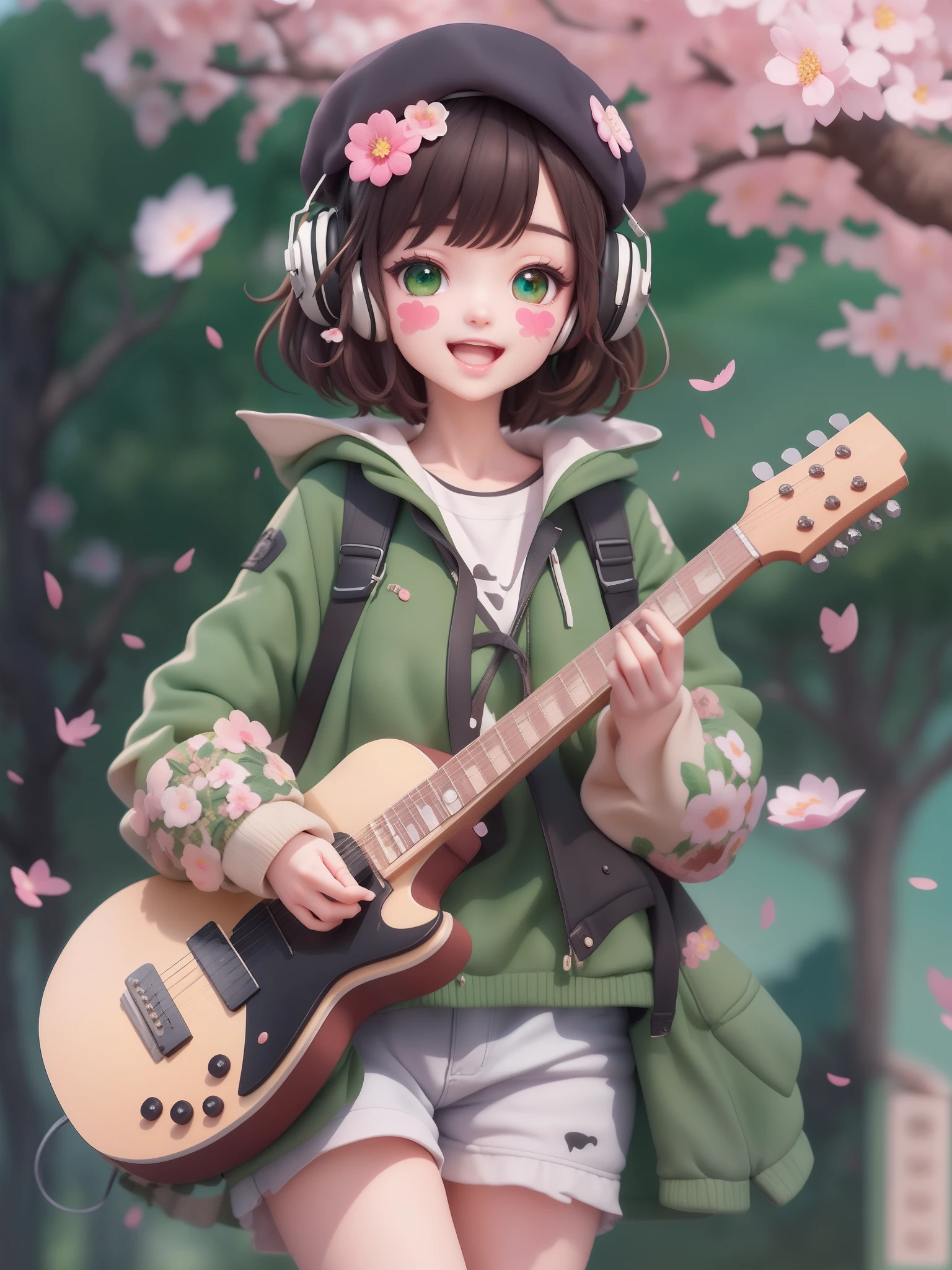 (masterpiece),(best quality),(ultra-detailed), (full body:1.2),
1woman, lofi, cute, smile, open mouth,
flower, outdoors, playing guitar, music, beret, holding guitar, jacket, blush, tree, :3, shirt, short hair, cherry blossoms, green headwear, blurry, brown hair, blush stickers, long sleeves, bangs, headphones, black hair, pink flower,
(beautiful detailed face), (beautiful detailed eyes),